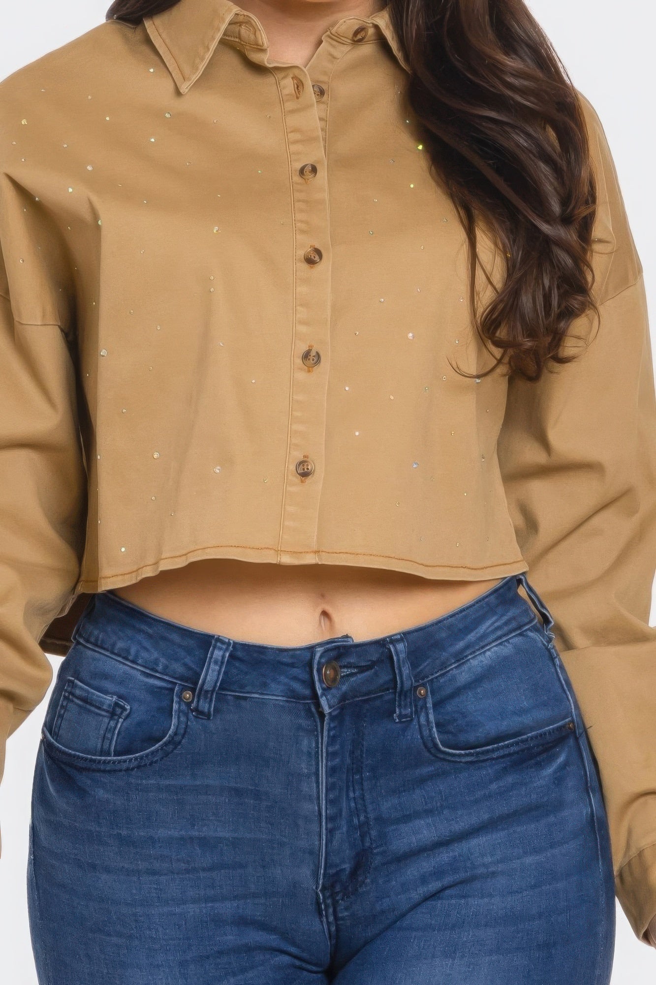 Bling Denim Button Down Shirt — Taupe