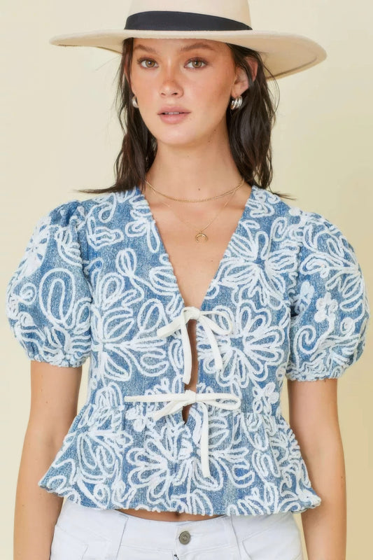 Denim Embroidered Crop Top With Front Tie Detail — Style 1