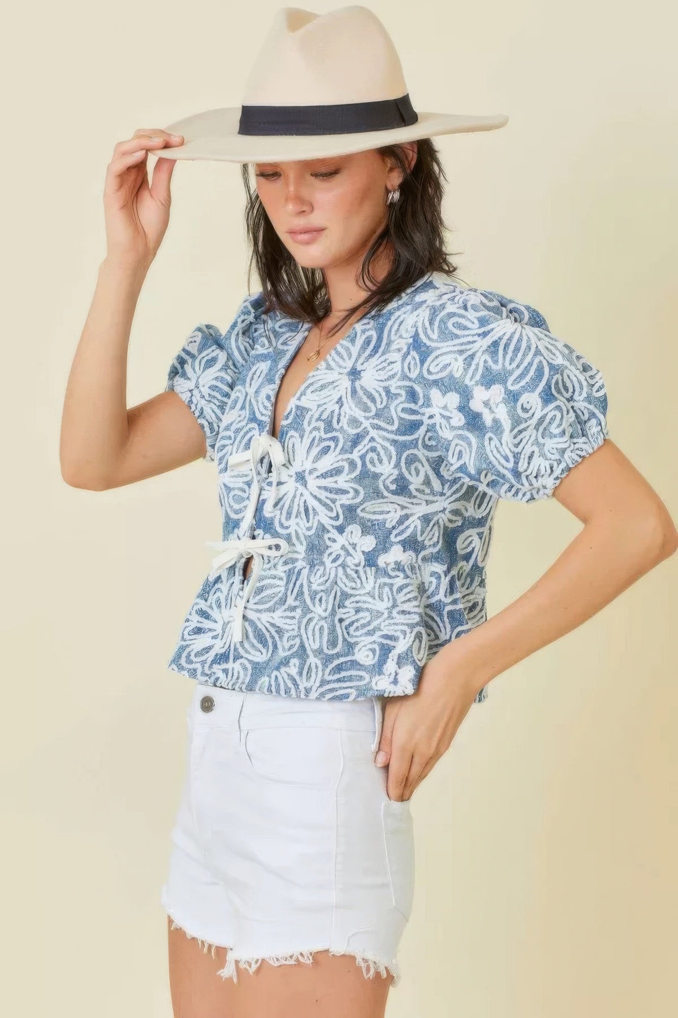 Denim Embroidered Crop Top With Front Tie Detail — Style 1