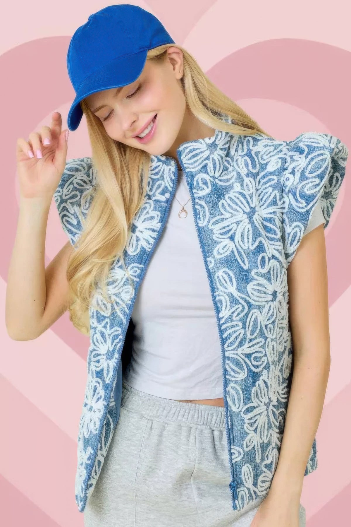 Floral Velvet Embroidered Denim Puffer Vest — Style 1