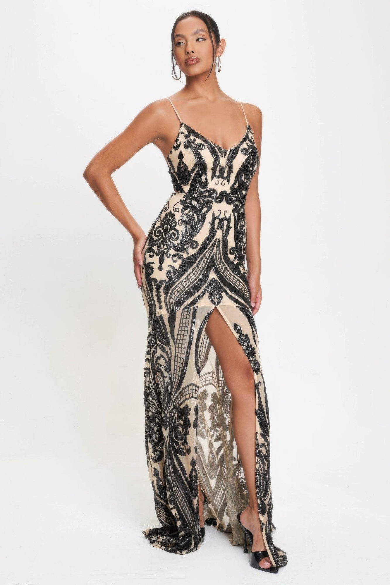 Spaghetti Strap Art Deco Sequins Maxi Dress — Black