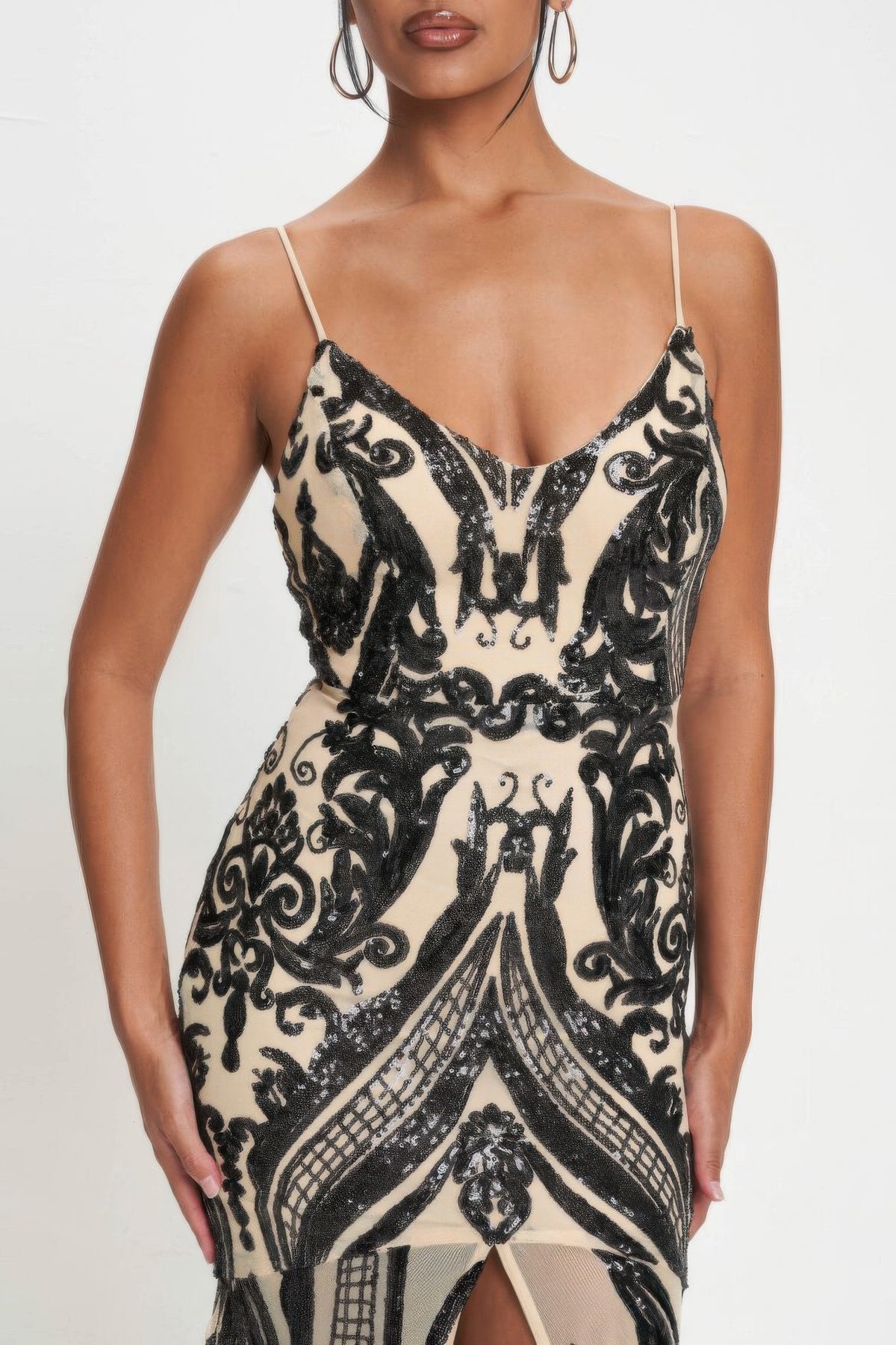 Spaghetti Strap Art Deco Sequins Maxi Dress — Black