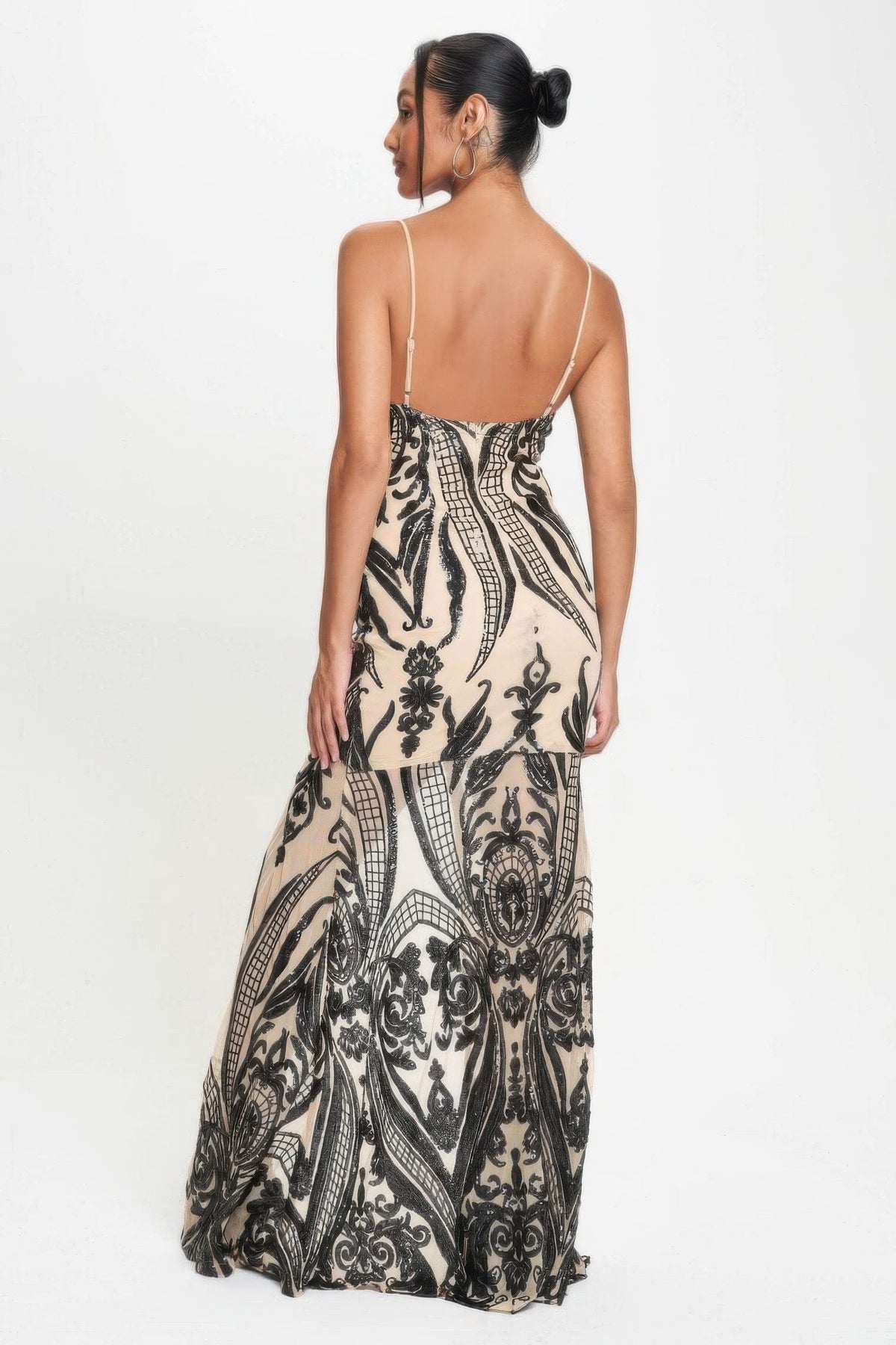 Spaghetti Strap Art Deco Sequins Maxi Dress — Black