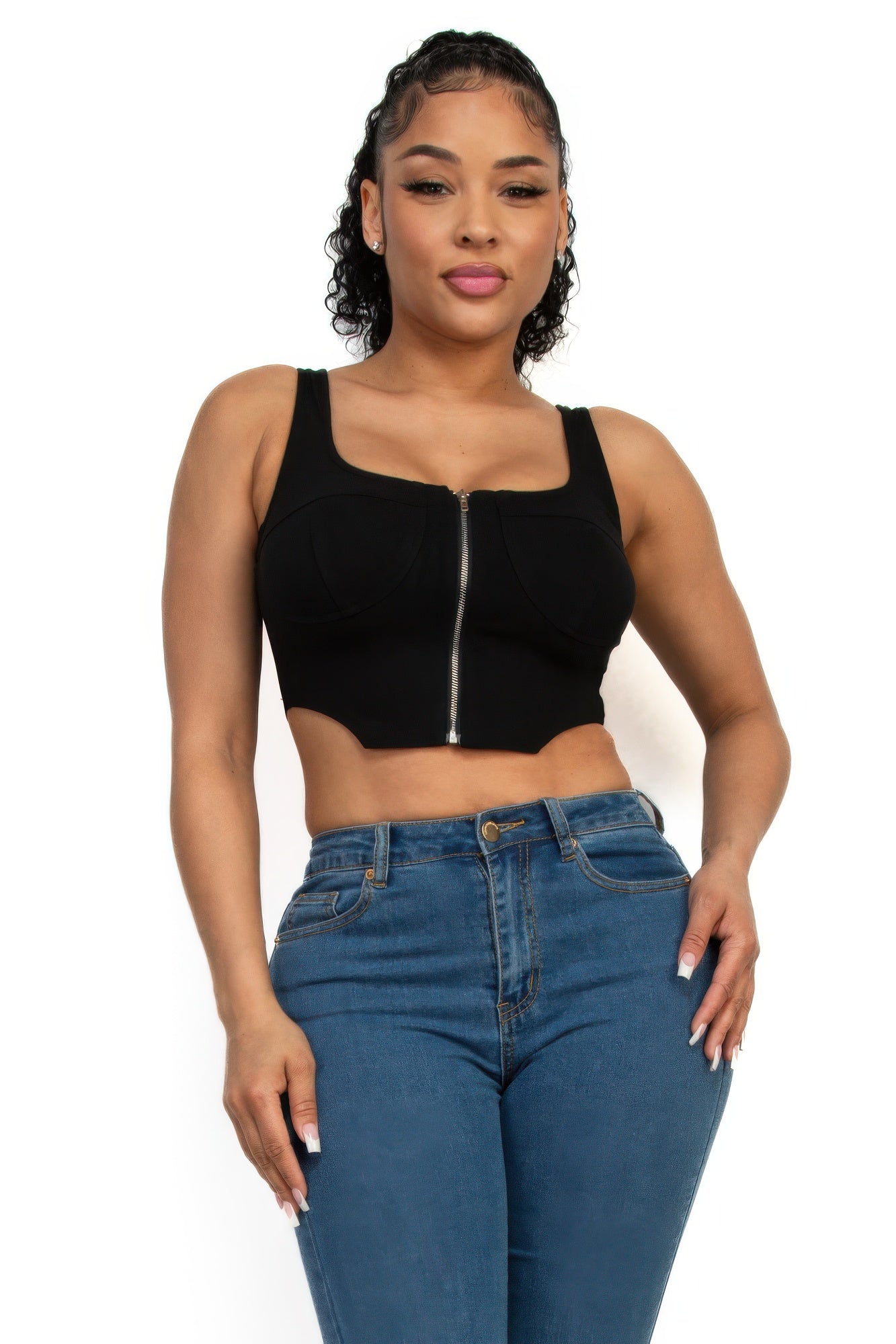 Zip-up square neck crop top — Black