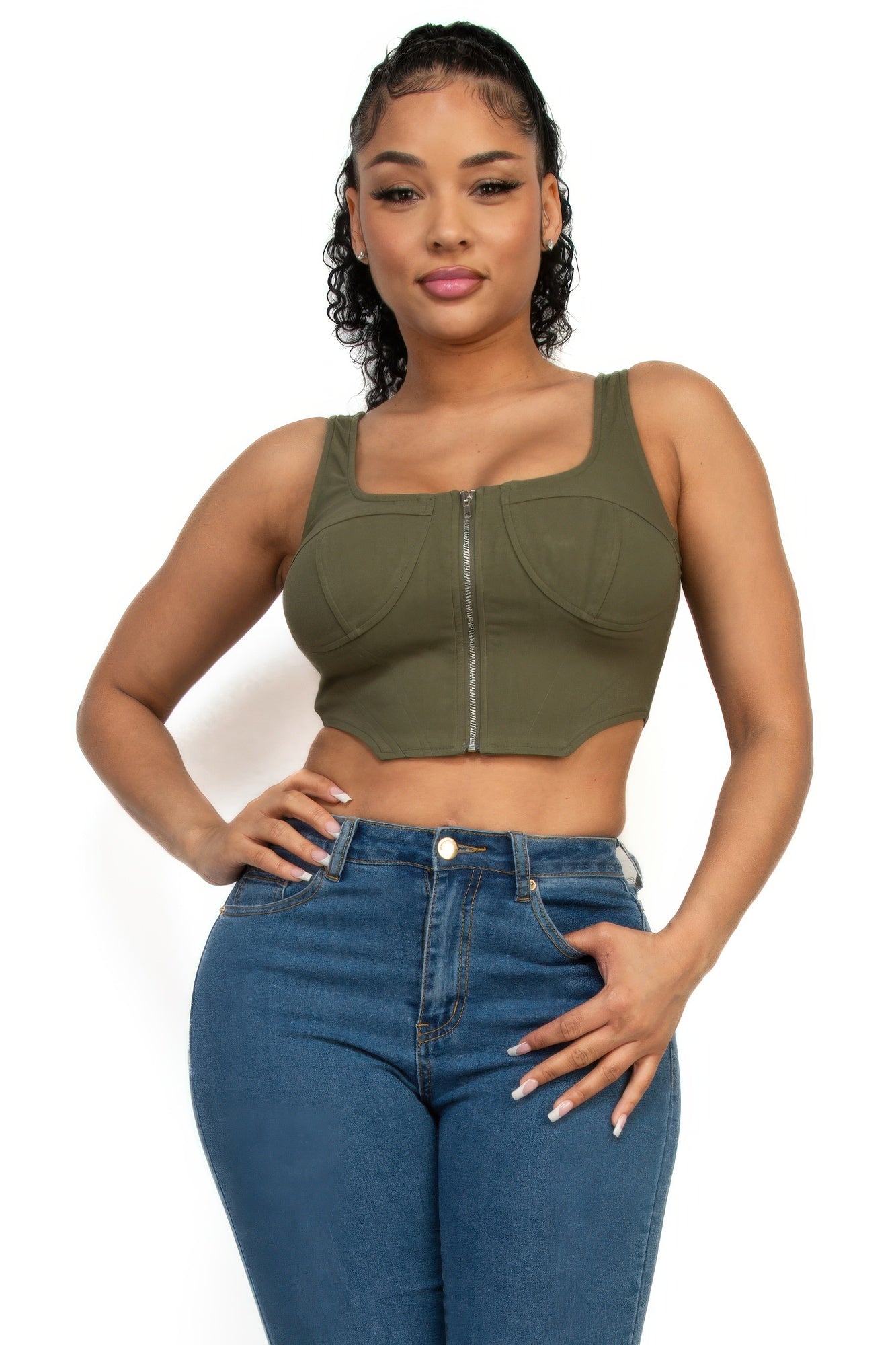 Zip-up square neck crop top — Olive