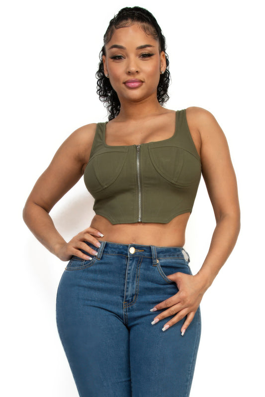 Zip-up square neck crop top — Olive