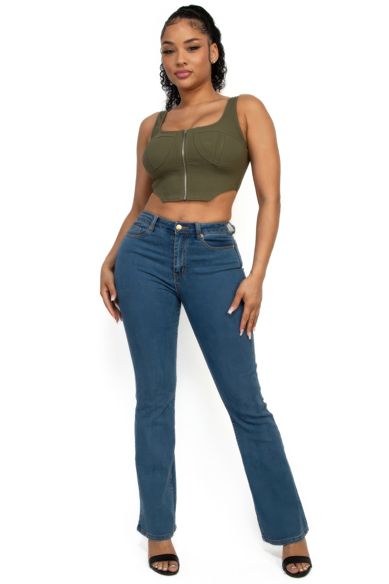 Zip-up square neck crop top — Olive
