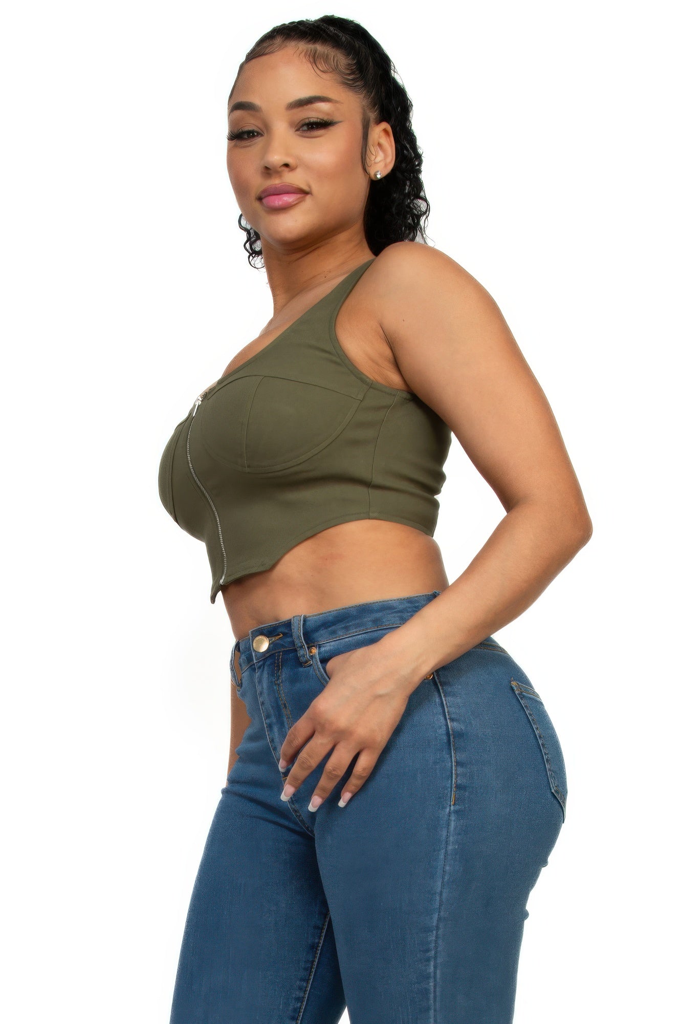 Zip-up square neck crop top — Olive