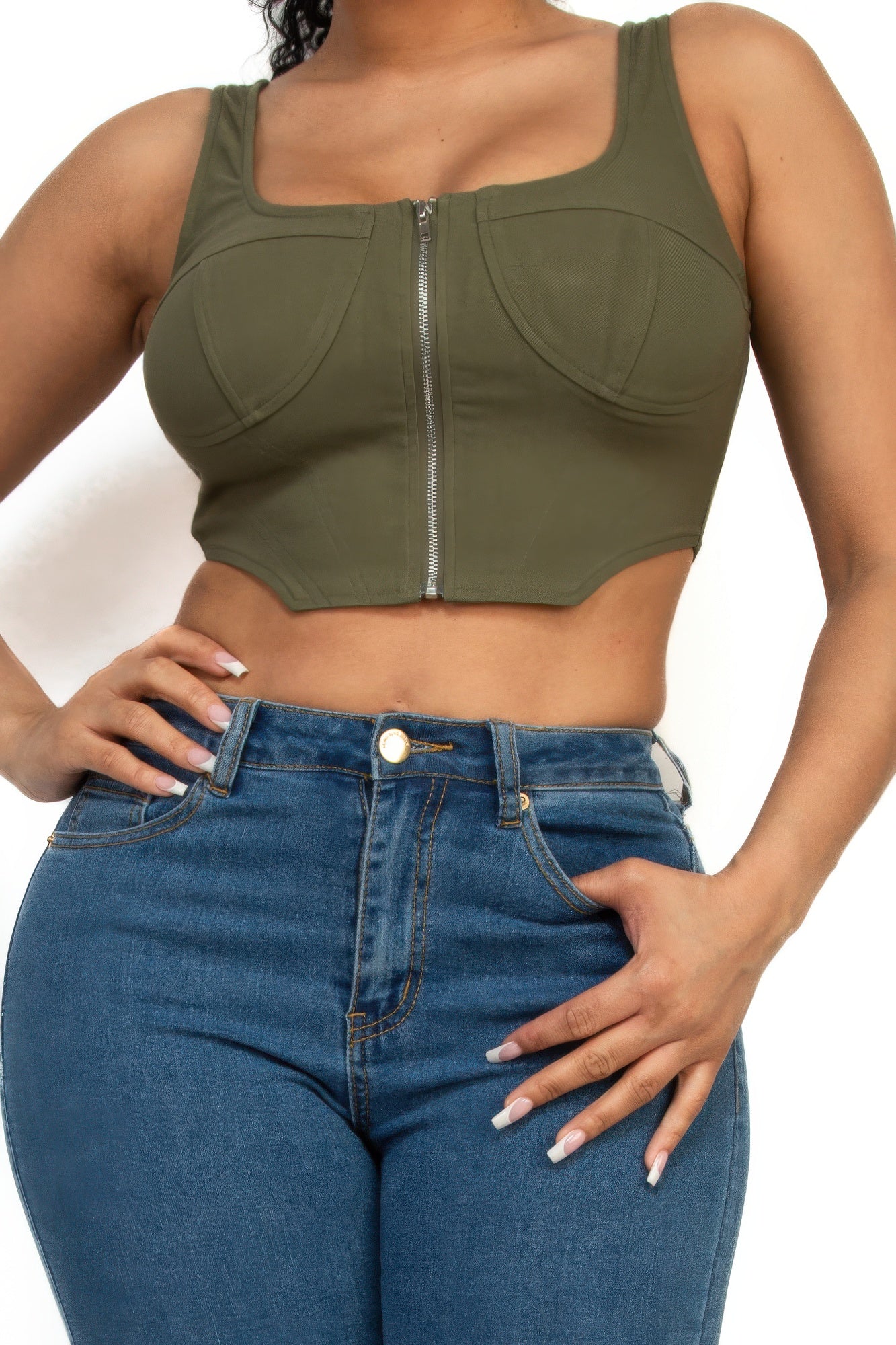Zip-up square neck crop top — Olive