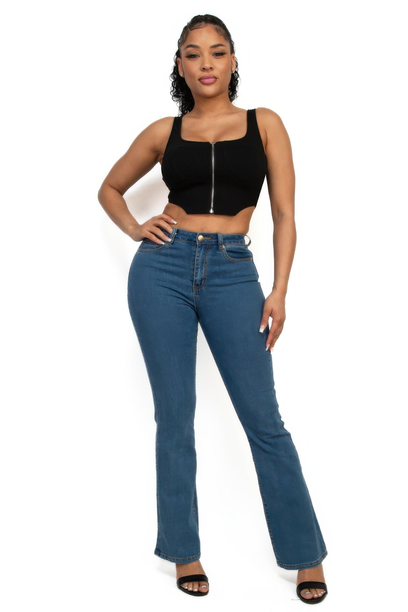 Zip-up square neck crop top — Black