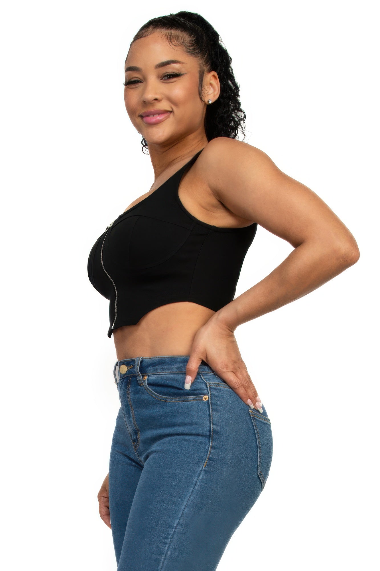 Zip-up square neck crop top — Black