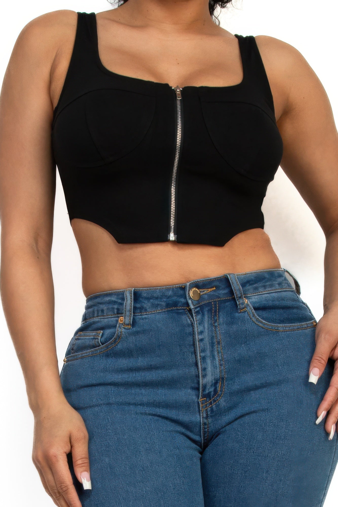 Zip-up square neck crop top — Black