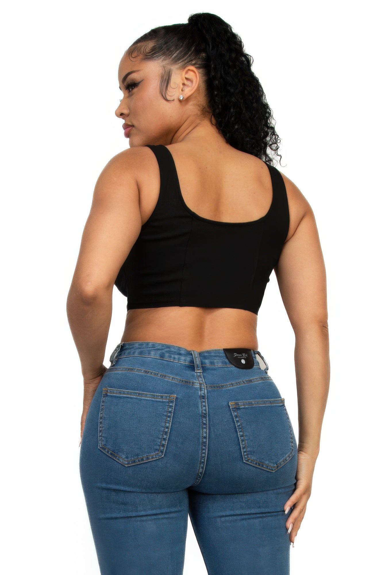 Zip-up square neck crop top — Black