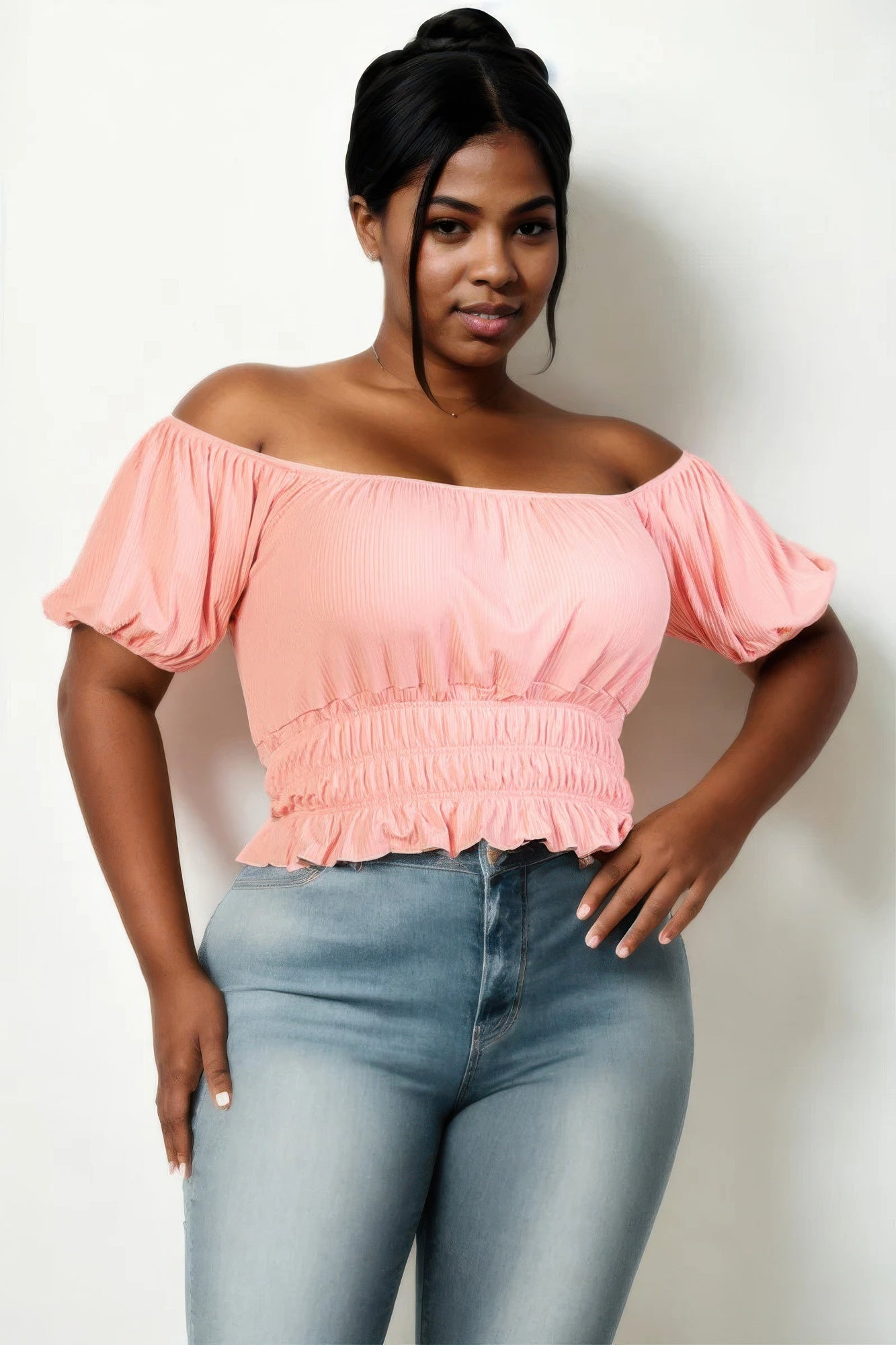Plus size casual ruched puff sleeve ribbed knit solid top — Blush