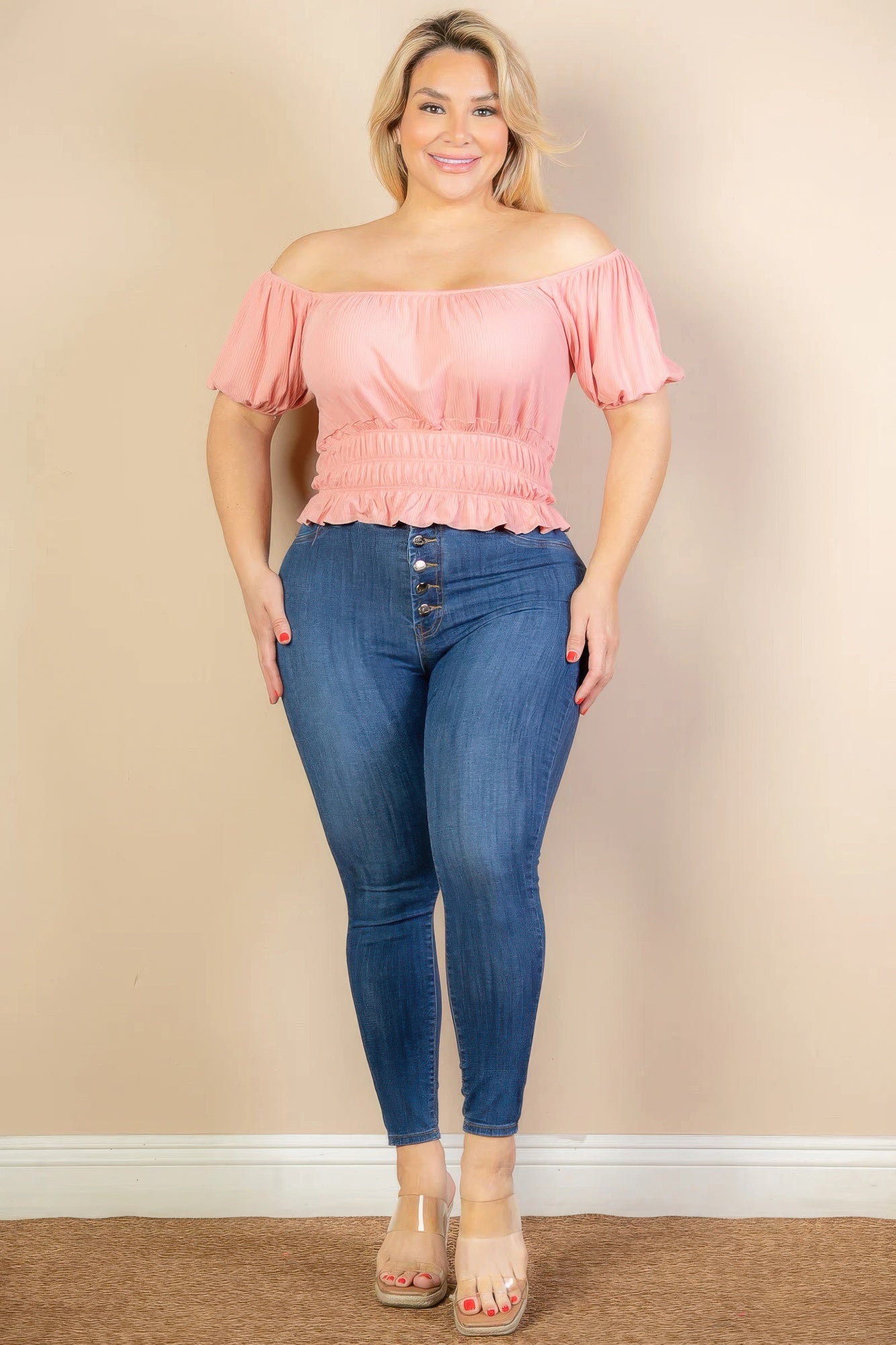 Plus size casual ruched puff sleeve ribbed knit solid top — Blush