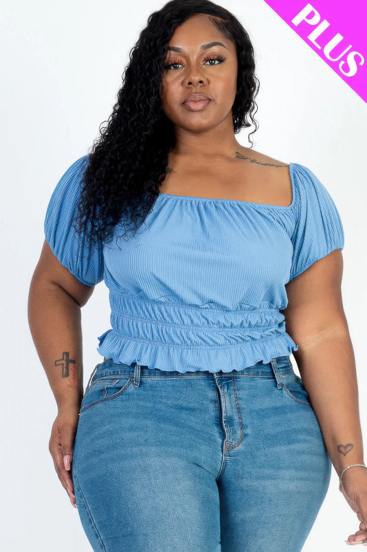 Plus size casual ruched puff sleeve ribbed knit solid top — Cloud