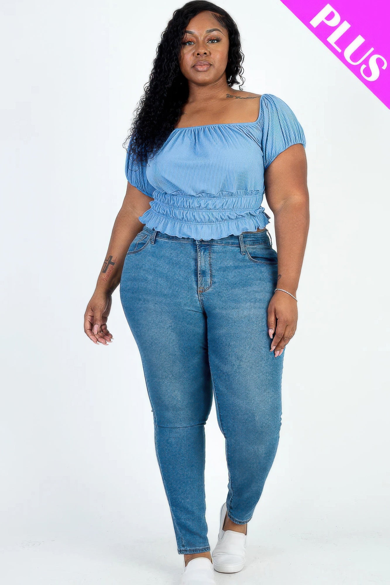 Plus size casual ruched puff sleeve ribbed knit solid top — Cloud