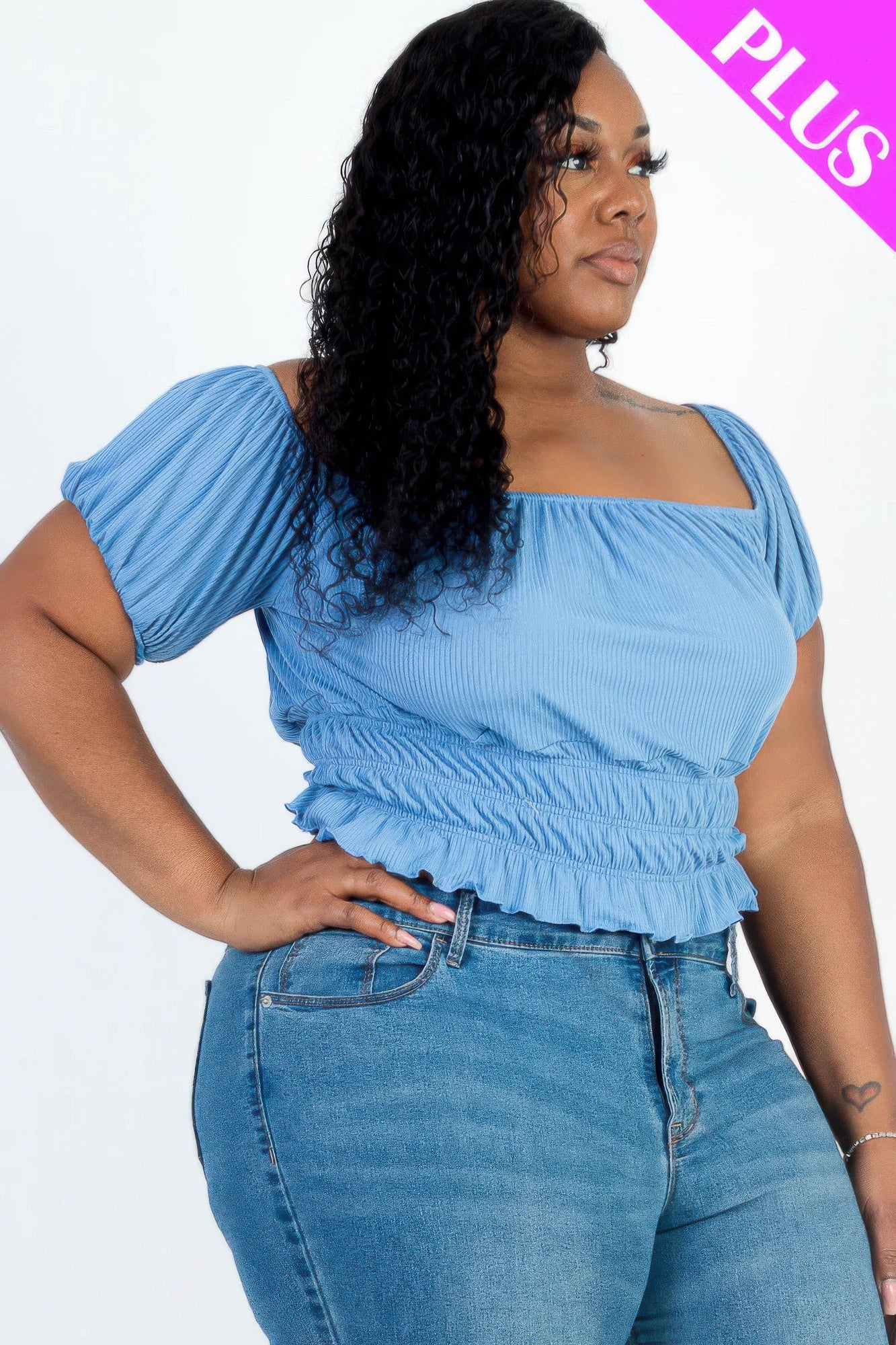 Plus size casual ruched puff sleeve ribbed knit solid top — Cloud