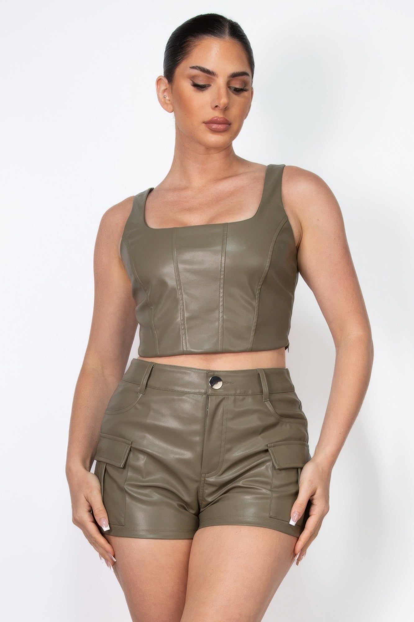 Faux Leather Square Zippered Crop Top — Olive