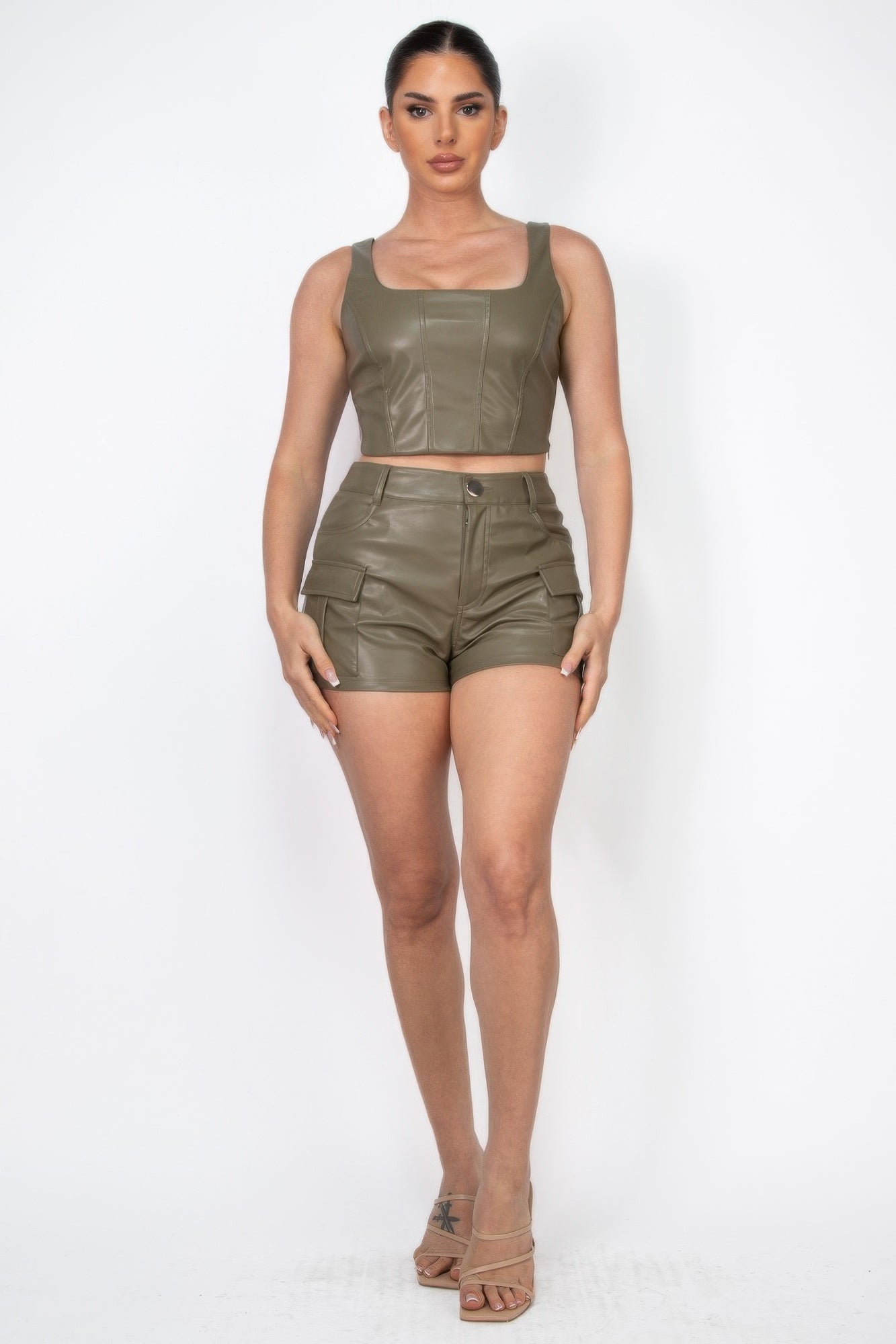 Faux Leather Square Zippered Crop Top — Olive