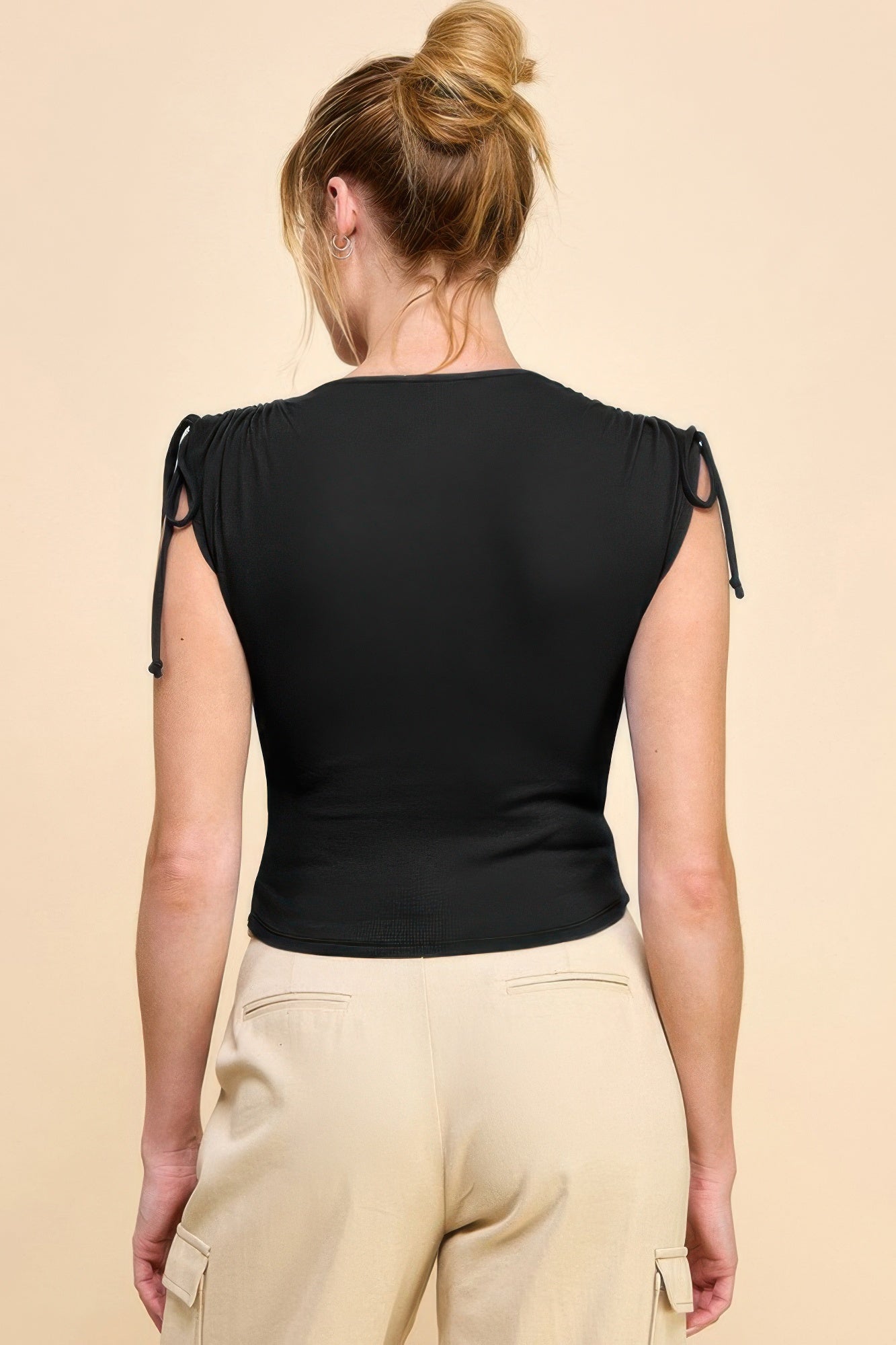 Ruching Shoulder Ribbed Top — Black