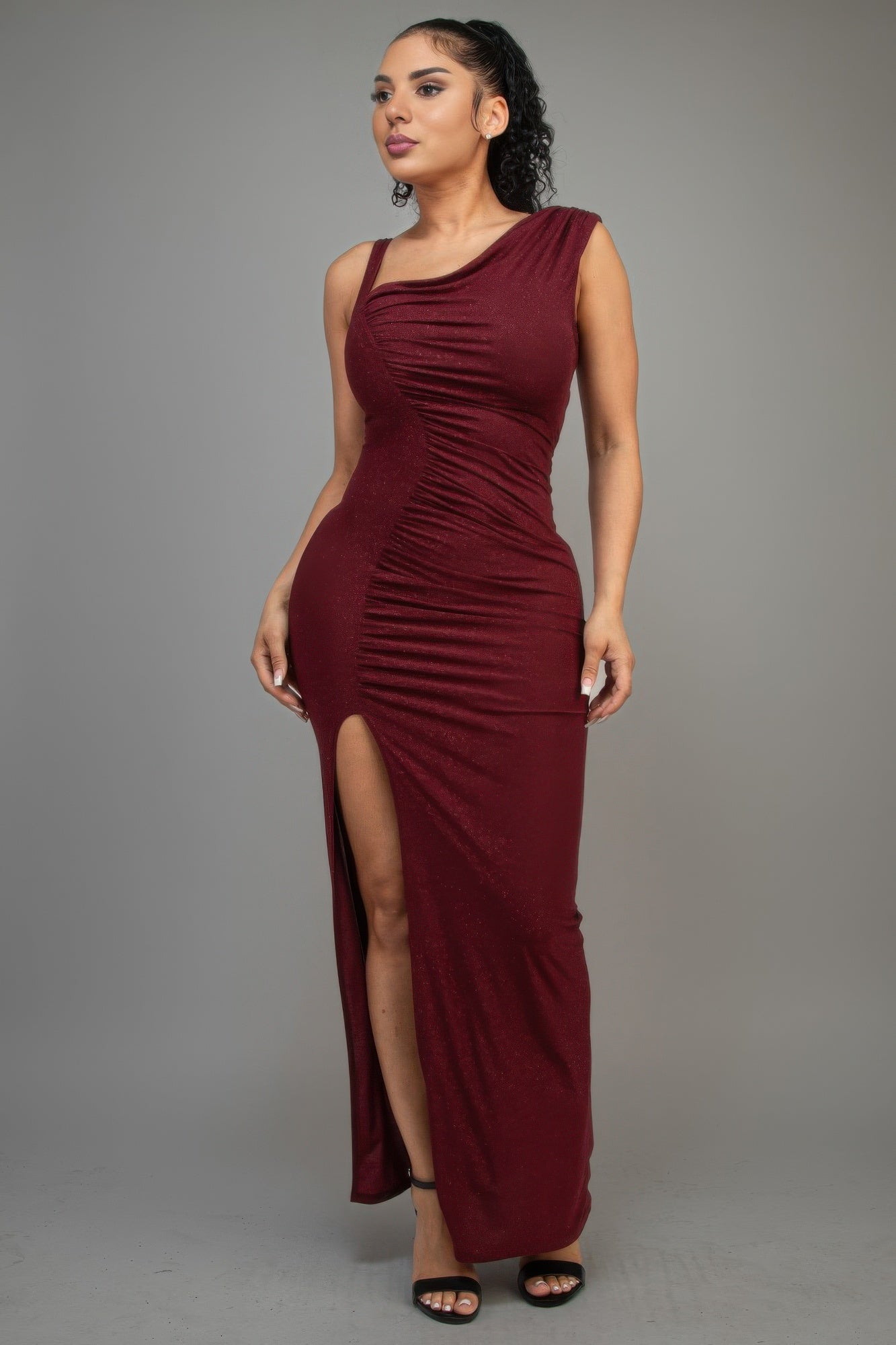 Glitter Slitted Dress — Burgundy