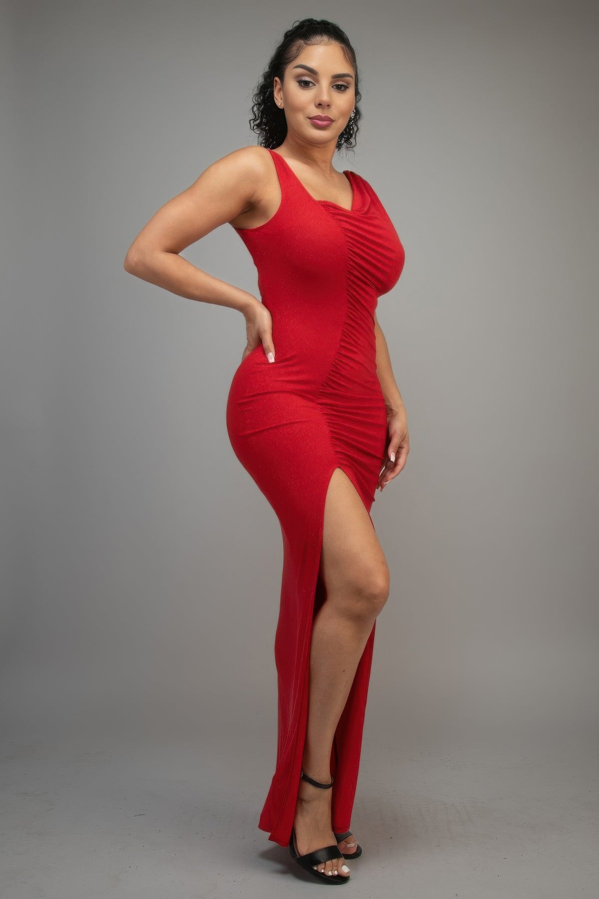 Glitter Slitted Dress — Red