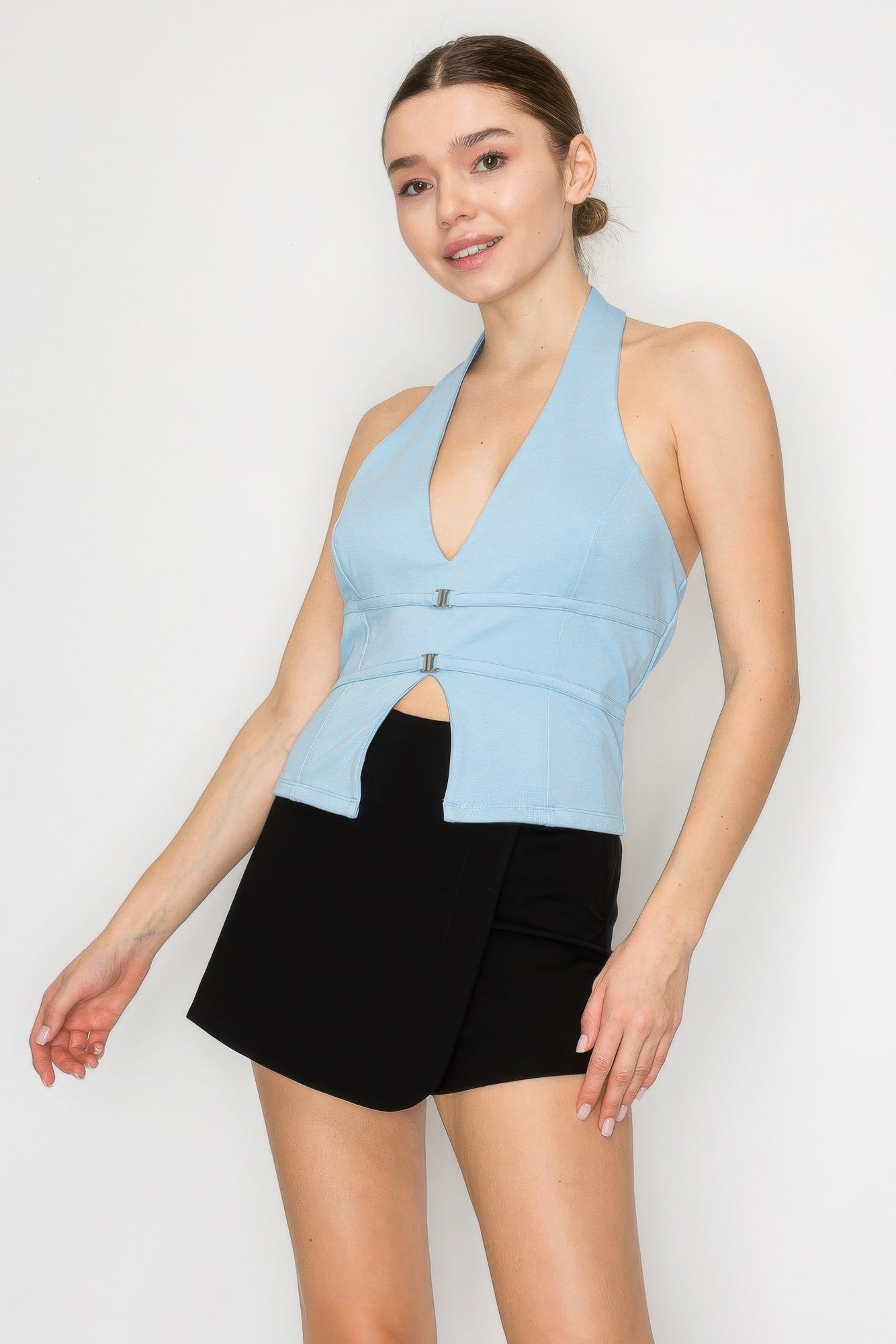 Halter Neck Buckled Open-back Top — Powder Blue
