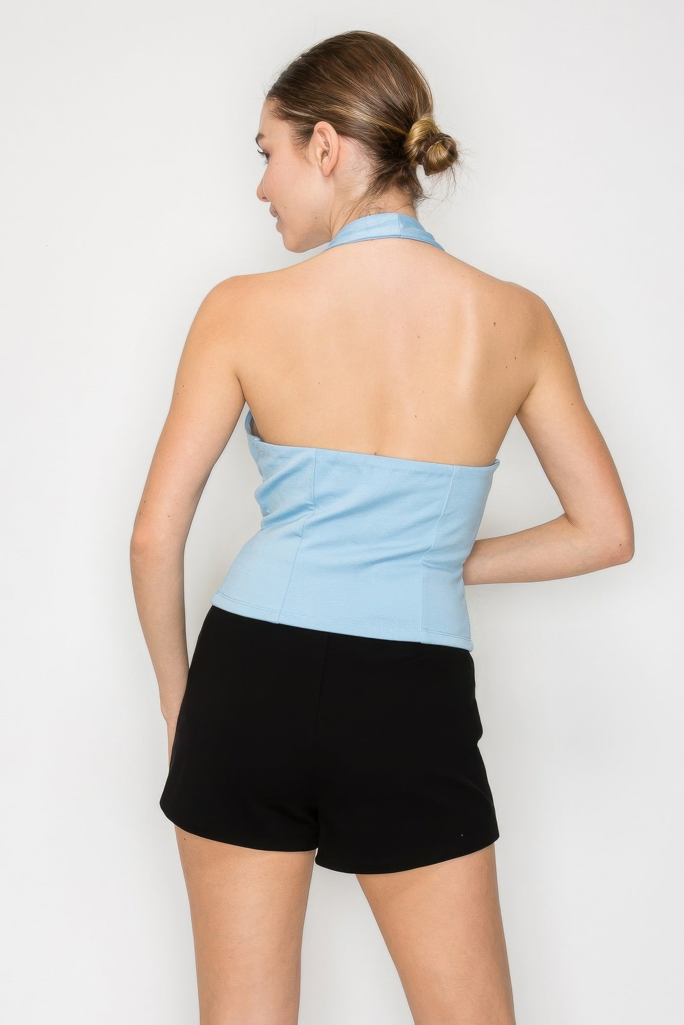 Halter Neck Buckled Open-back Top — Powder Blue