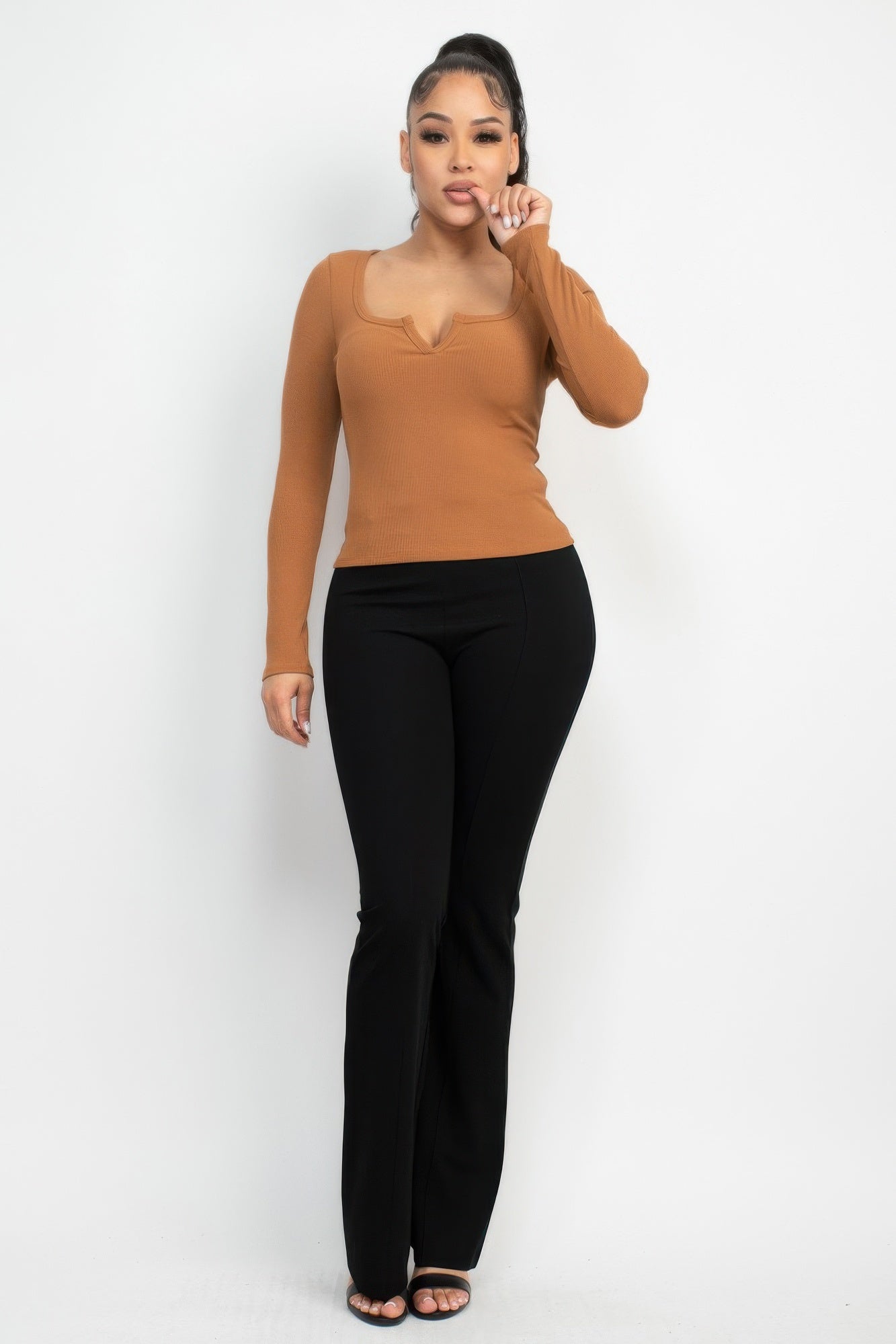 Solid V-collared Neck Top — Light Brown