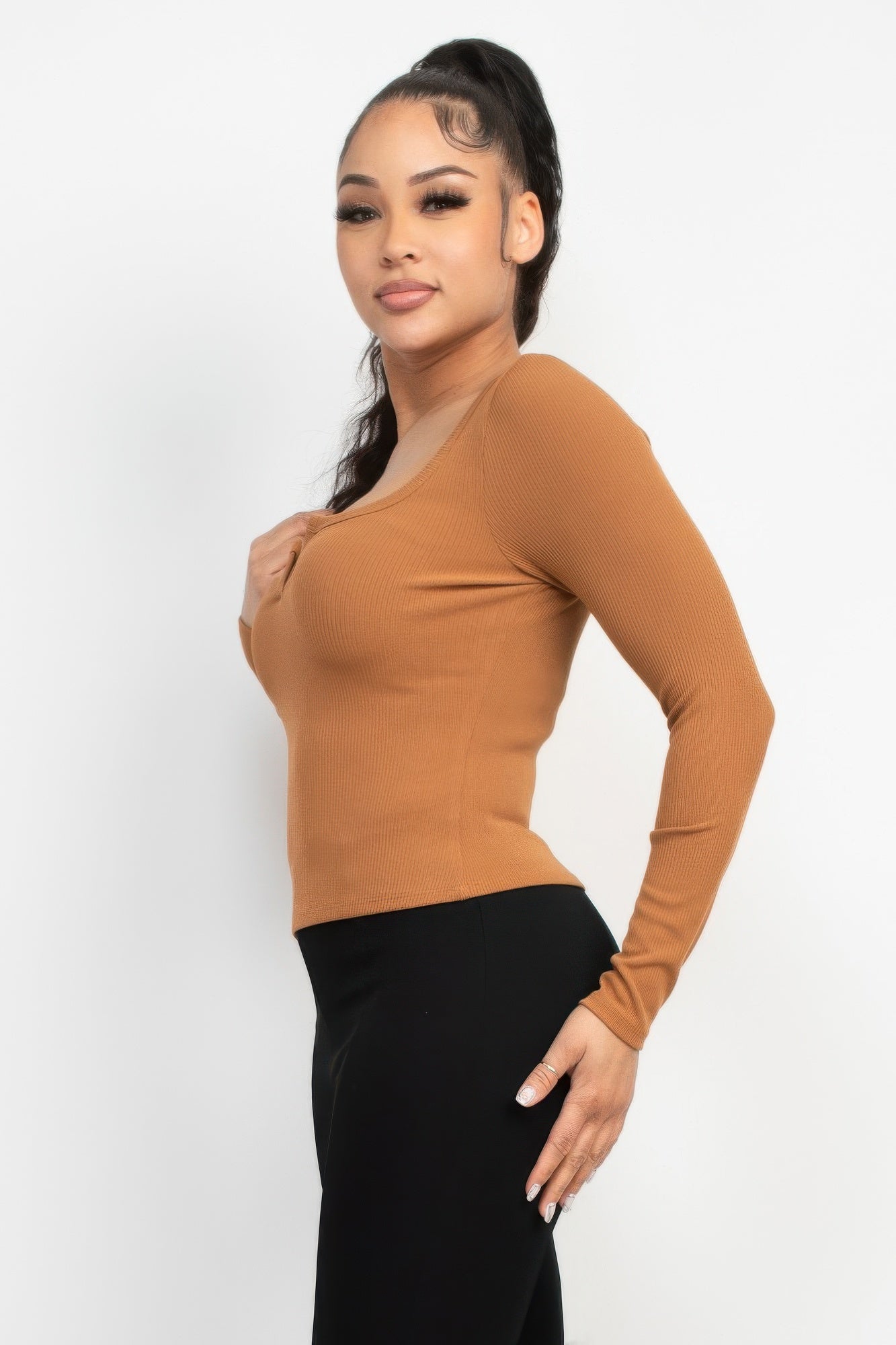 Solid V-collared Neck Top — Light Brown