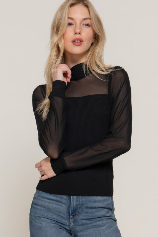 Long Slv Mesh Panel Detail Sweater Top — Black