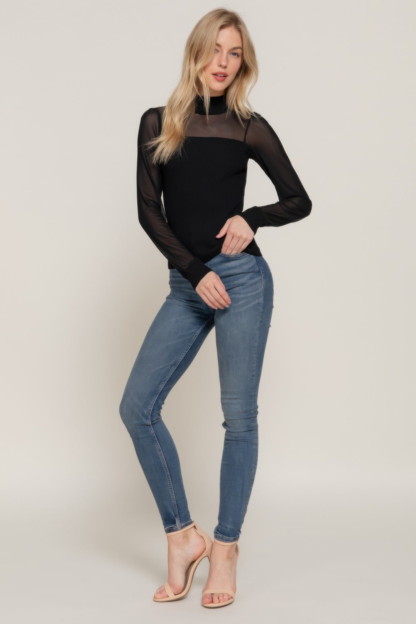Long Slv Mesh Panel Detail Sweater Top — Black