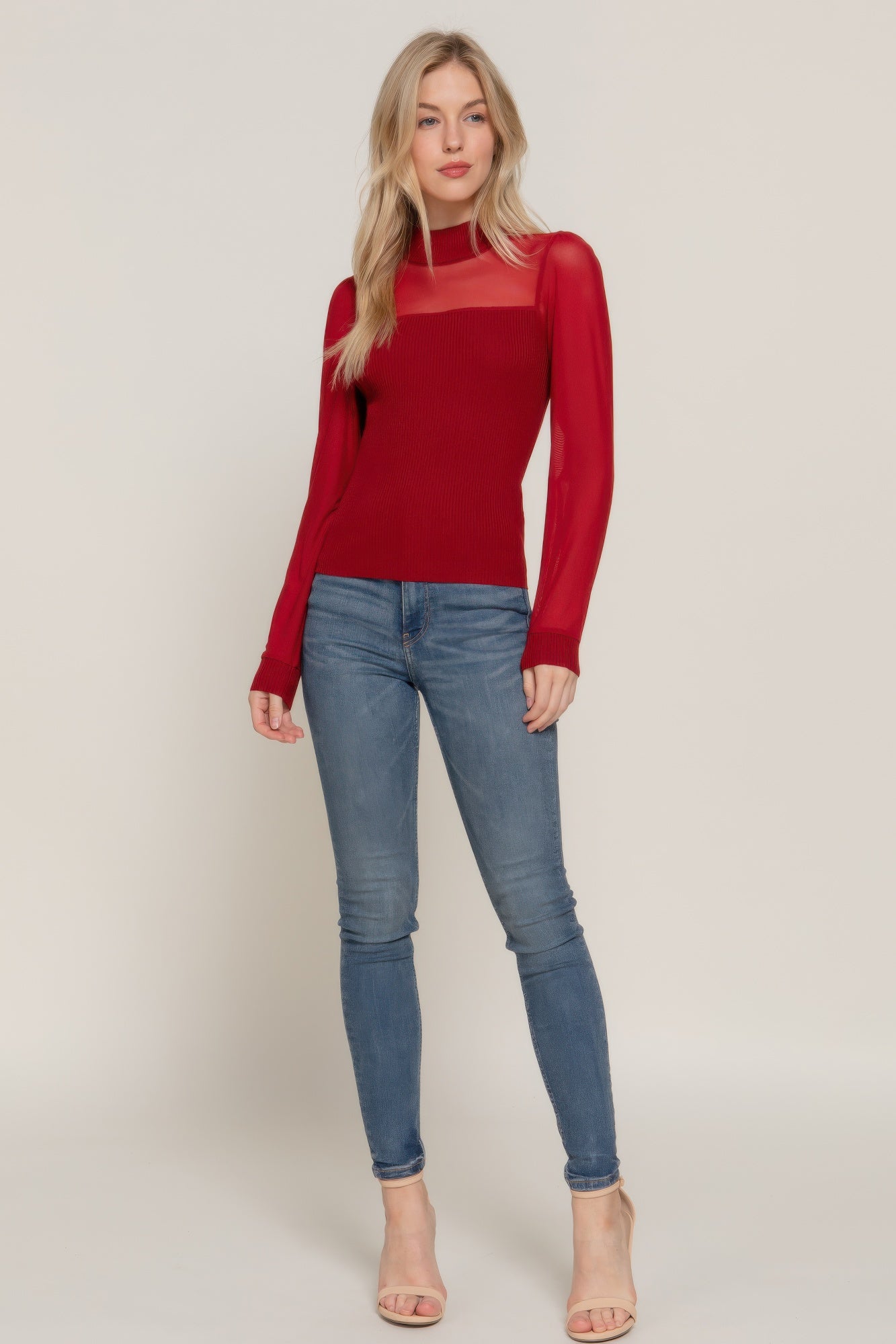 Long Slv Mesh Panel Detail Sweater Top — Burgundy