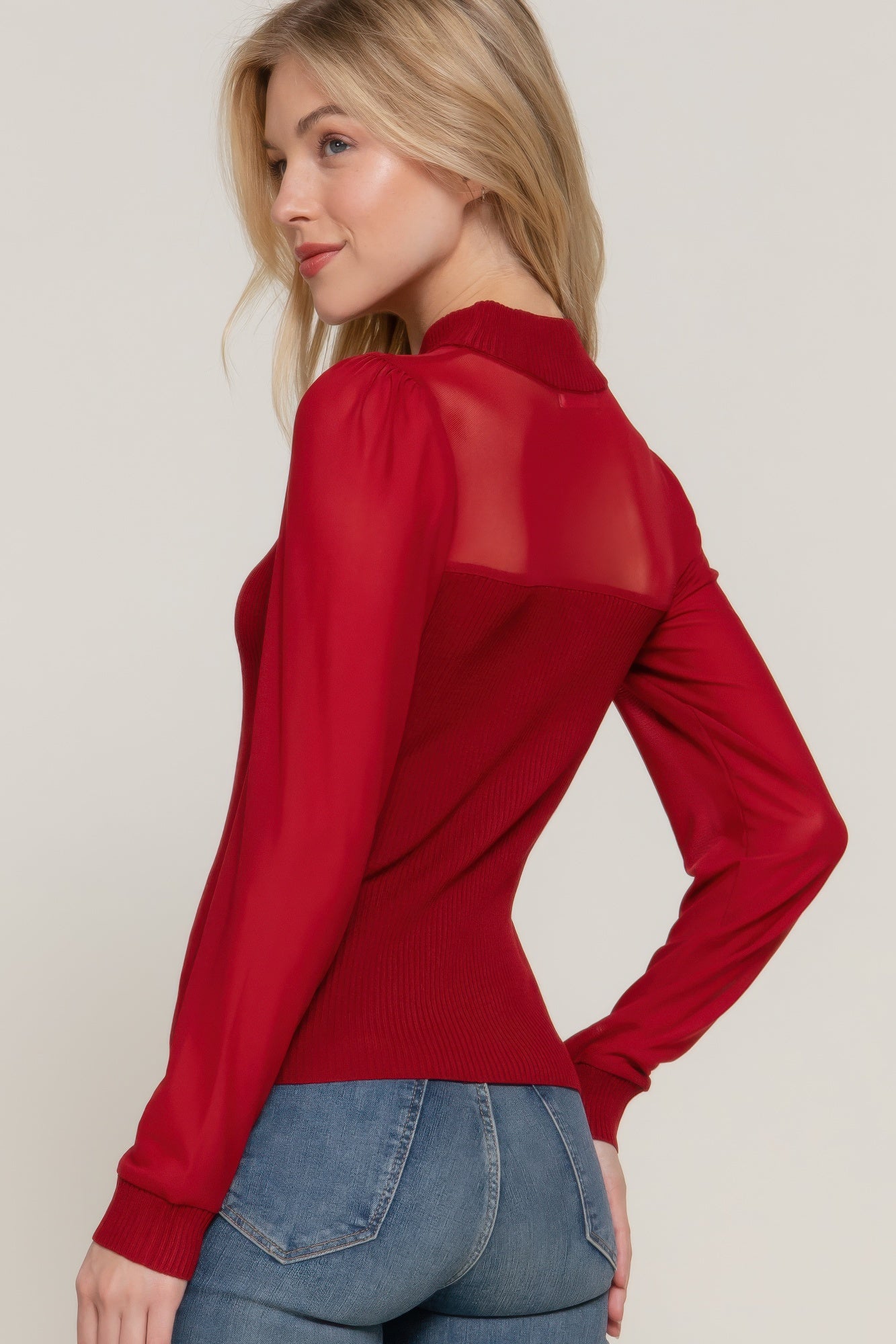 Long Slv Mesh Panel Detail Sweater Top — Burgundy