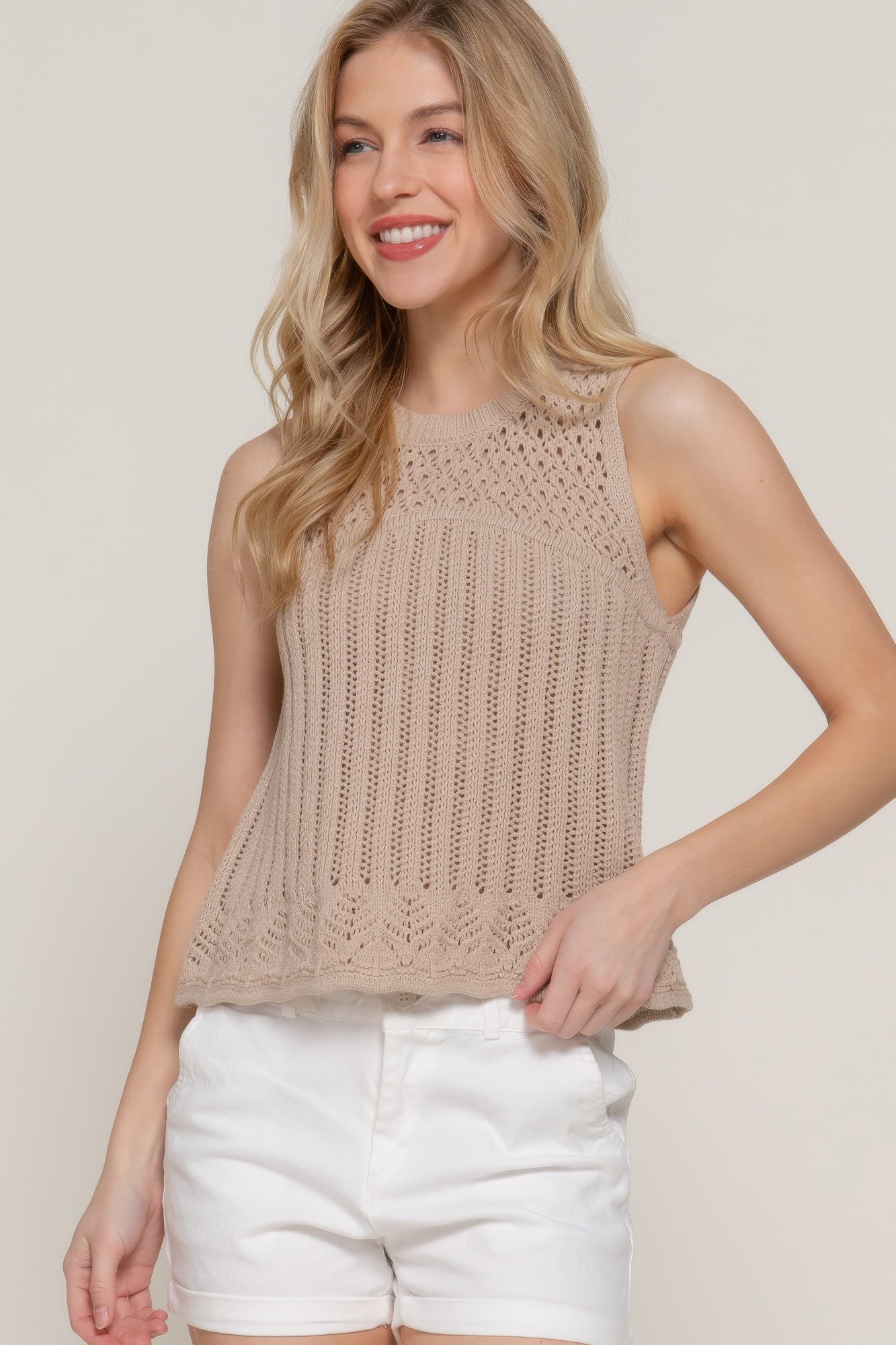 Sleeveless Crochet Spring Sweater — Taupe
