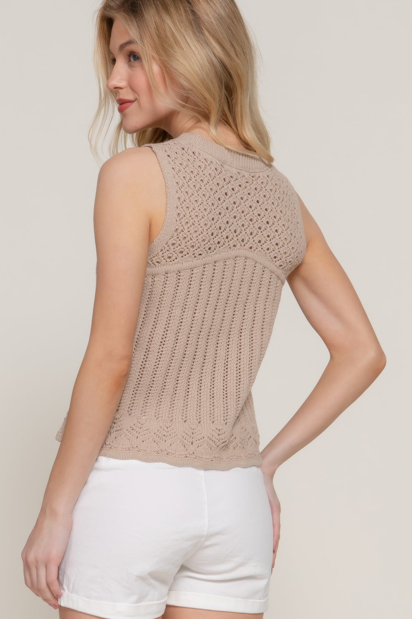 Sleeveless Crochet Spring Sweater — Taupe