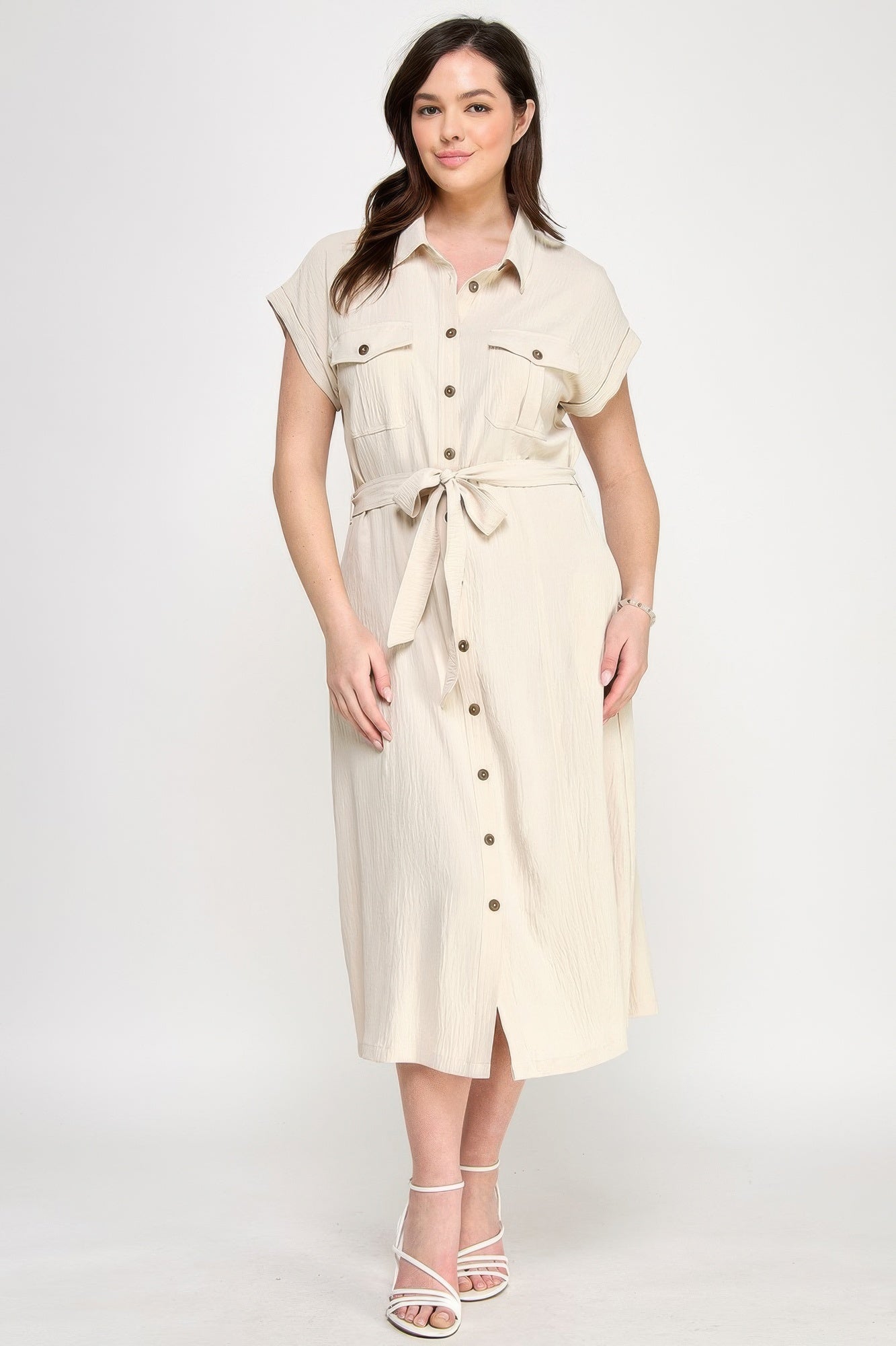 Front Tied Buttoned Short Sleeve Dress — Beige