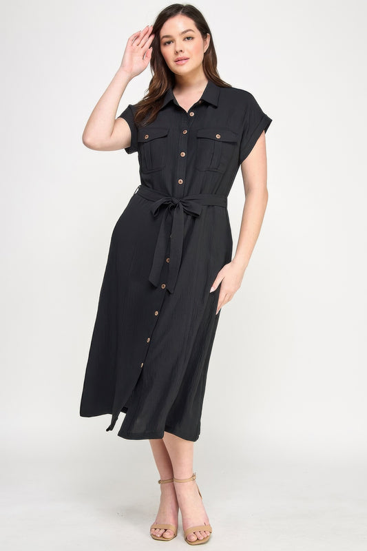 Front Tied Buttoned Short Sleeve Dress — Black