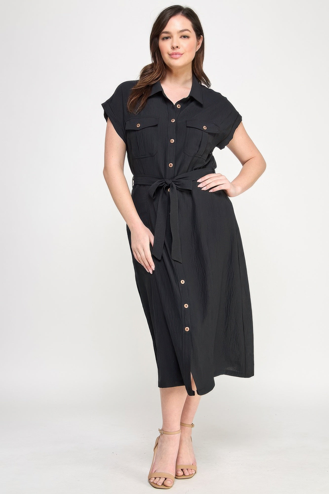 Front Tied Buttoned Short Sleeve Dress — Black