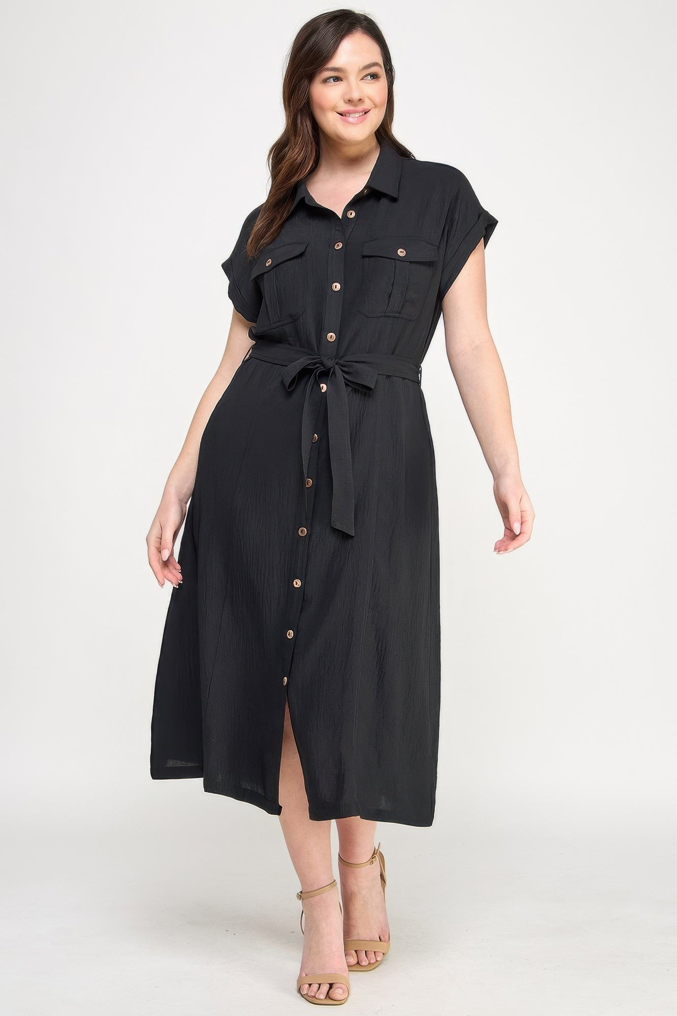 Front Tied Buttoned Short Sleeve Dress — Black