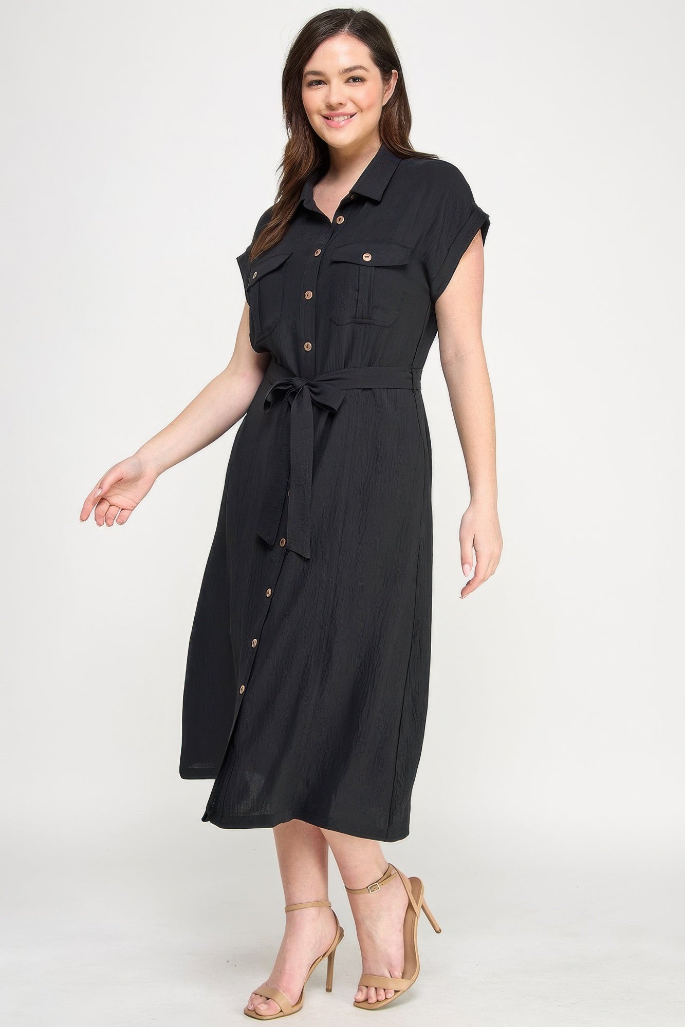 Front Tied Buttoned Short Sleeve Dress — Black