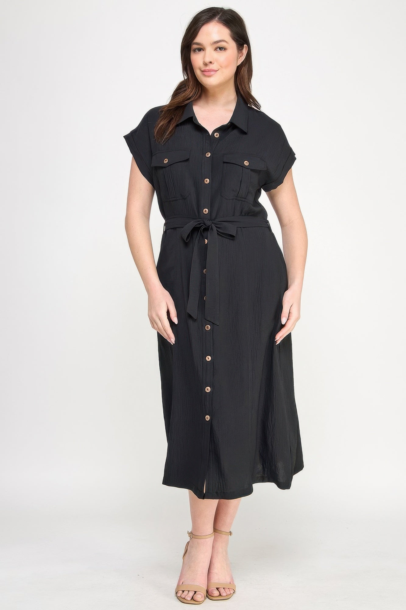 Front Tied Buttoned Short Sleeve Dress — Black