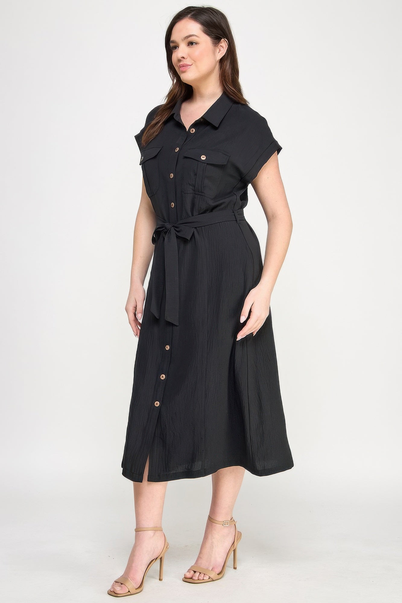 Front Tied Buttoned Short Sleeve Dress — Black