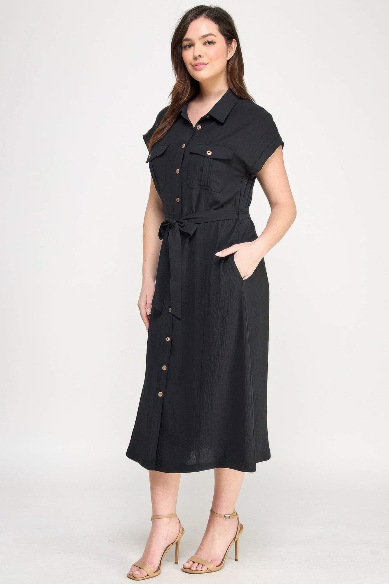 Front Tied Buttoned Short Sleeve Dress — Black