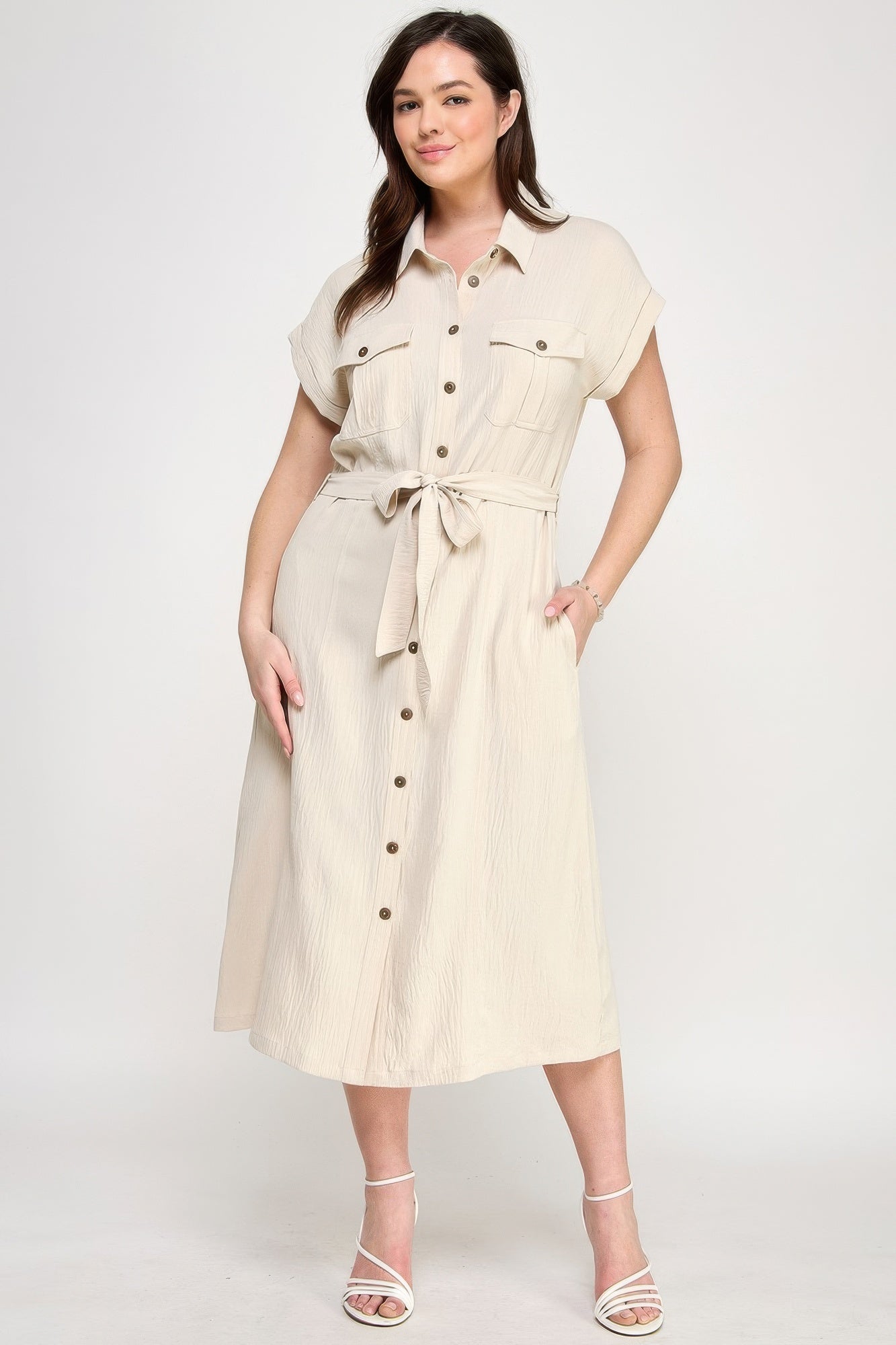 Front Tied Buttoned Short Sleeve Dress — Beige