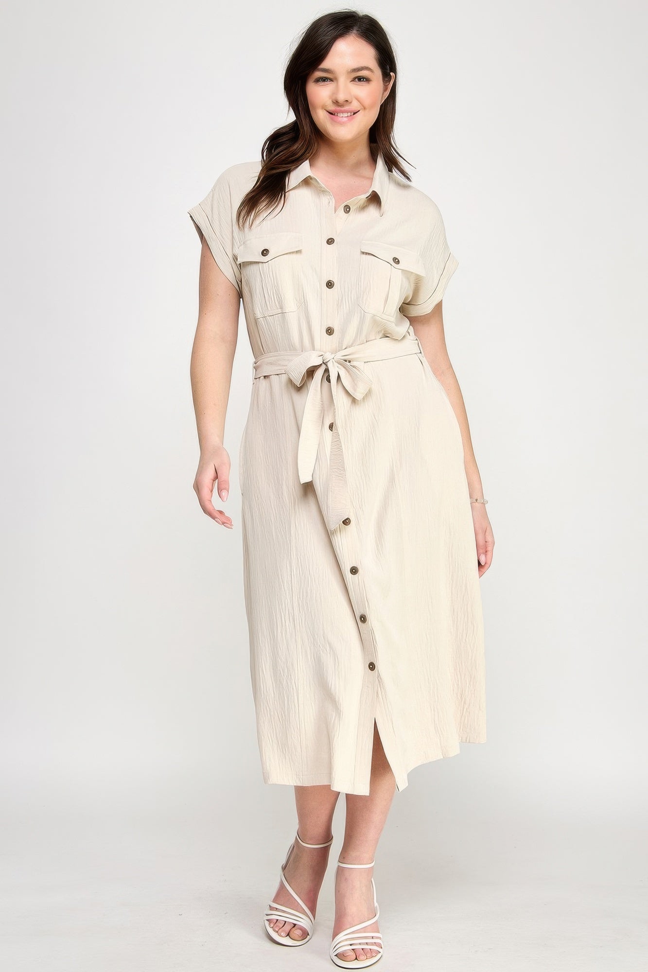 Front Tied Buttoned Short Sleeve Dress — Beige