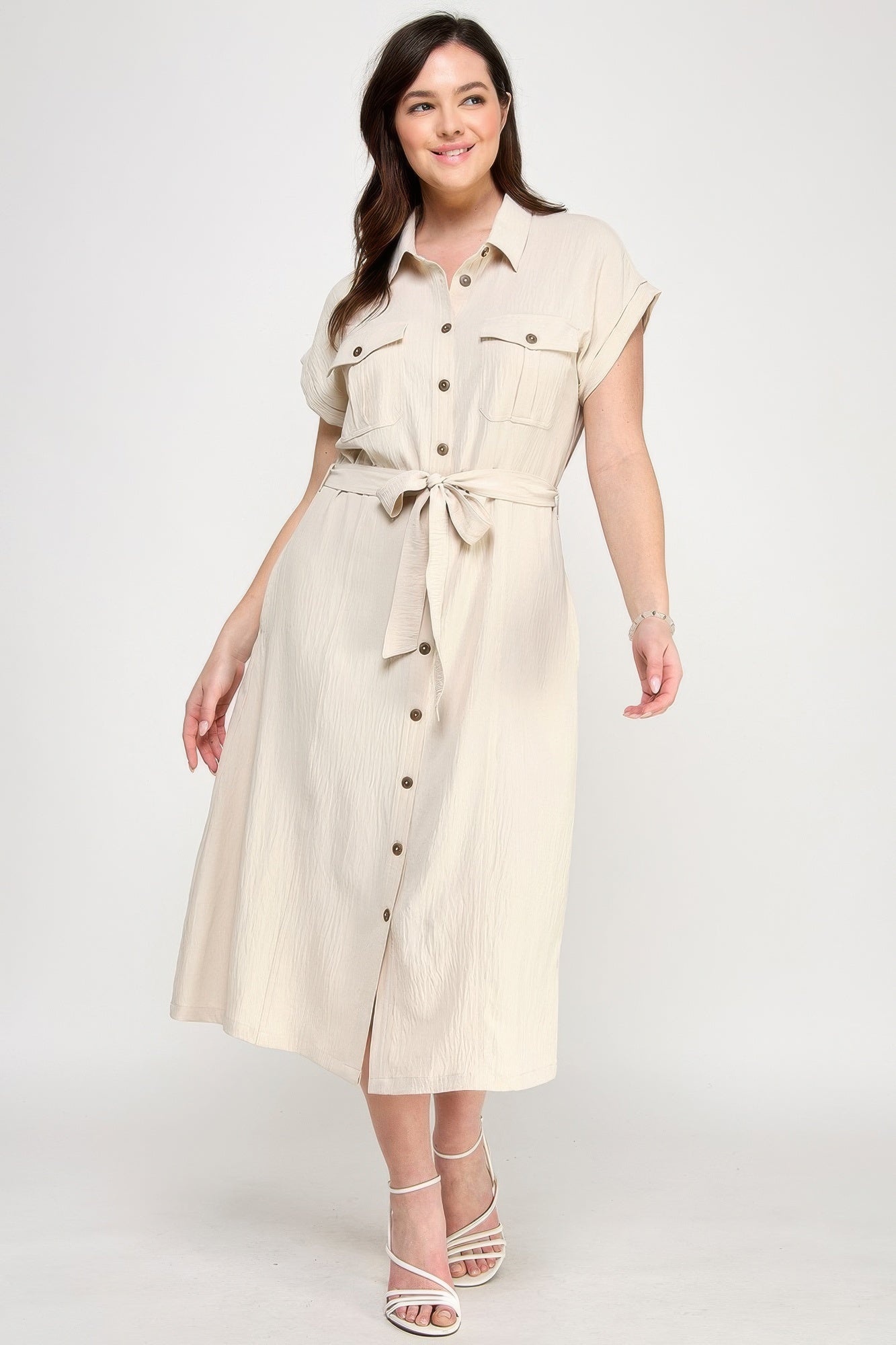 Front Tied Buttoned Short Sleeve Dress — Beige