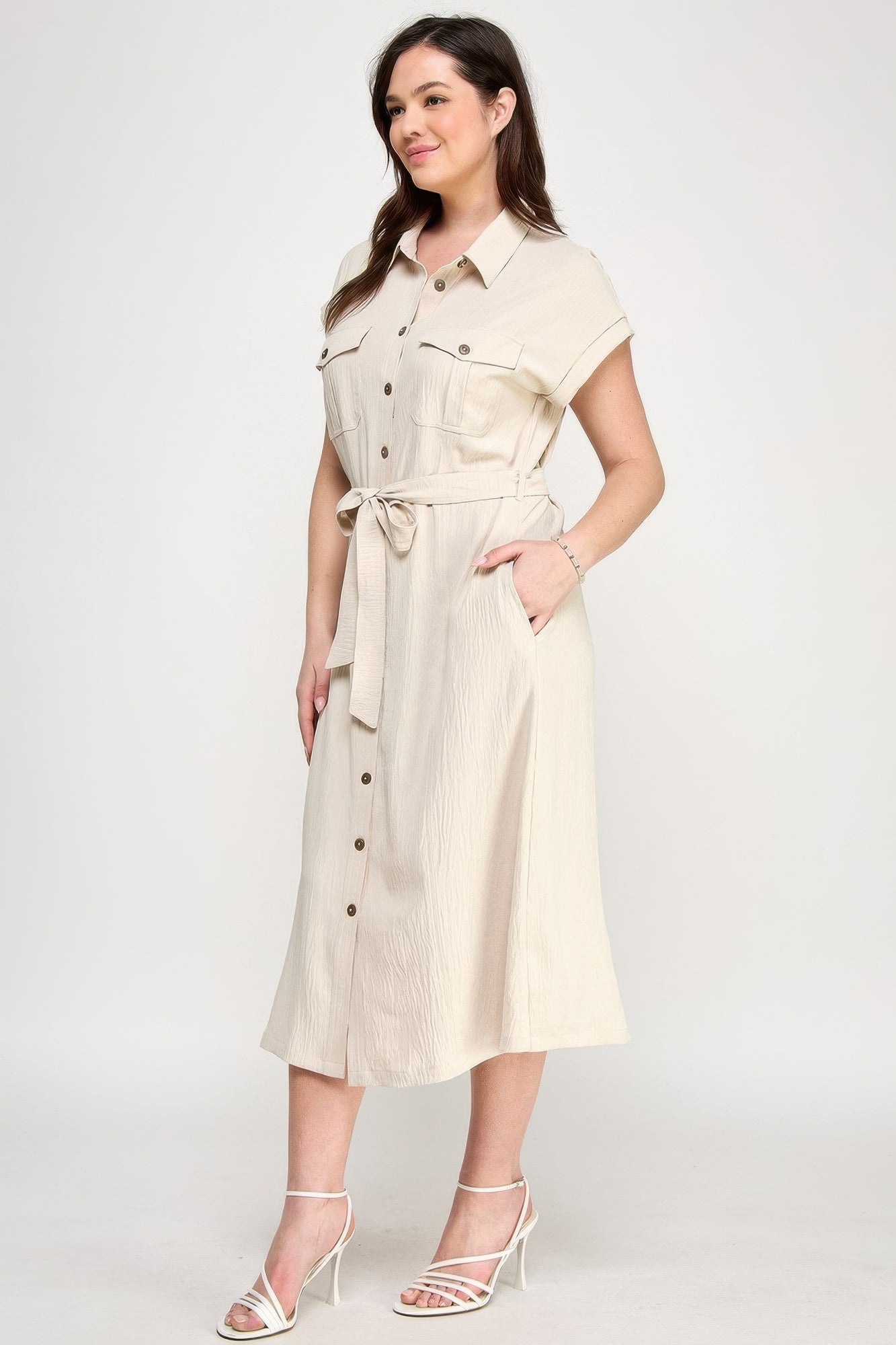 Front Tied Buttoned Short Sleeve Dress — Beige