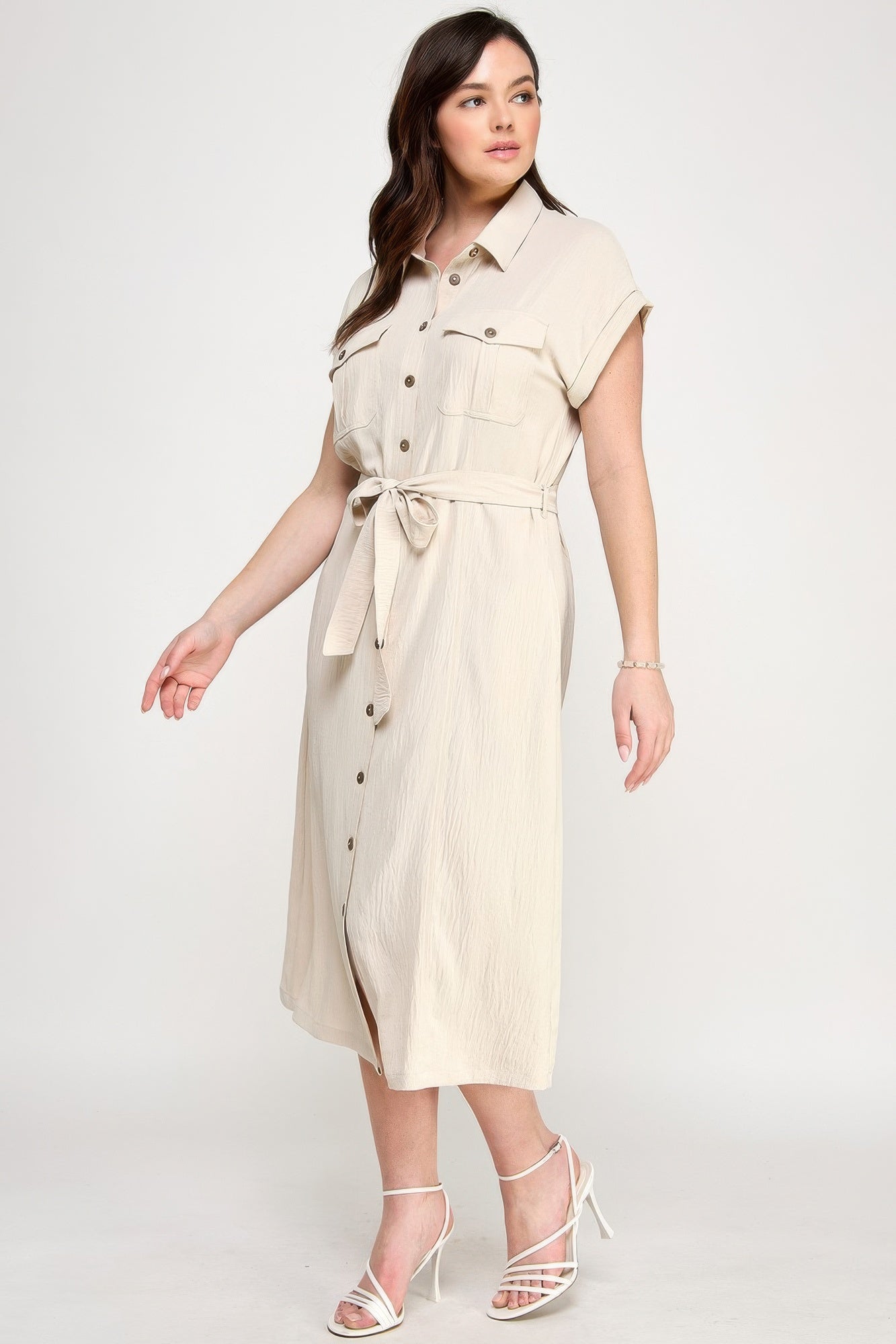 Front Tied Buttoned Short Sleeve Dress — Beige